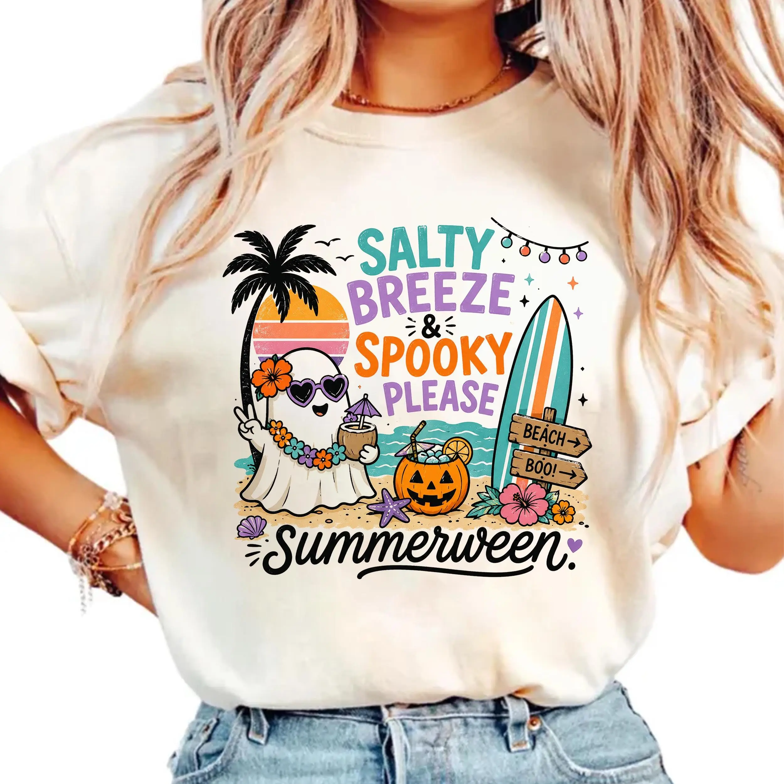 Summerween Ghost Shirt for Women, Spooky Beach Vibes Tee, Cute Halloween Summer Tropical Graphic Retro Casual Top