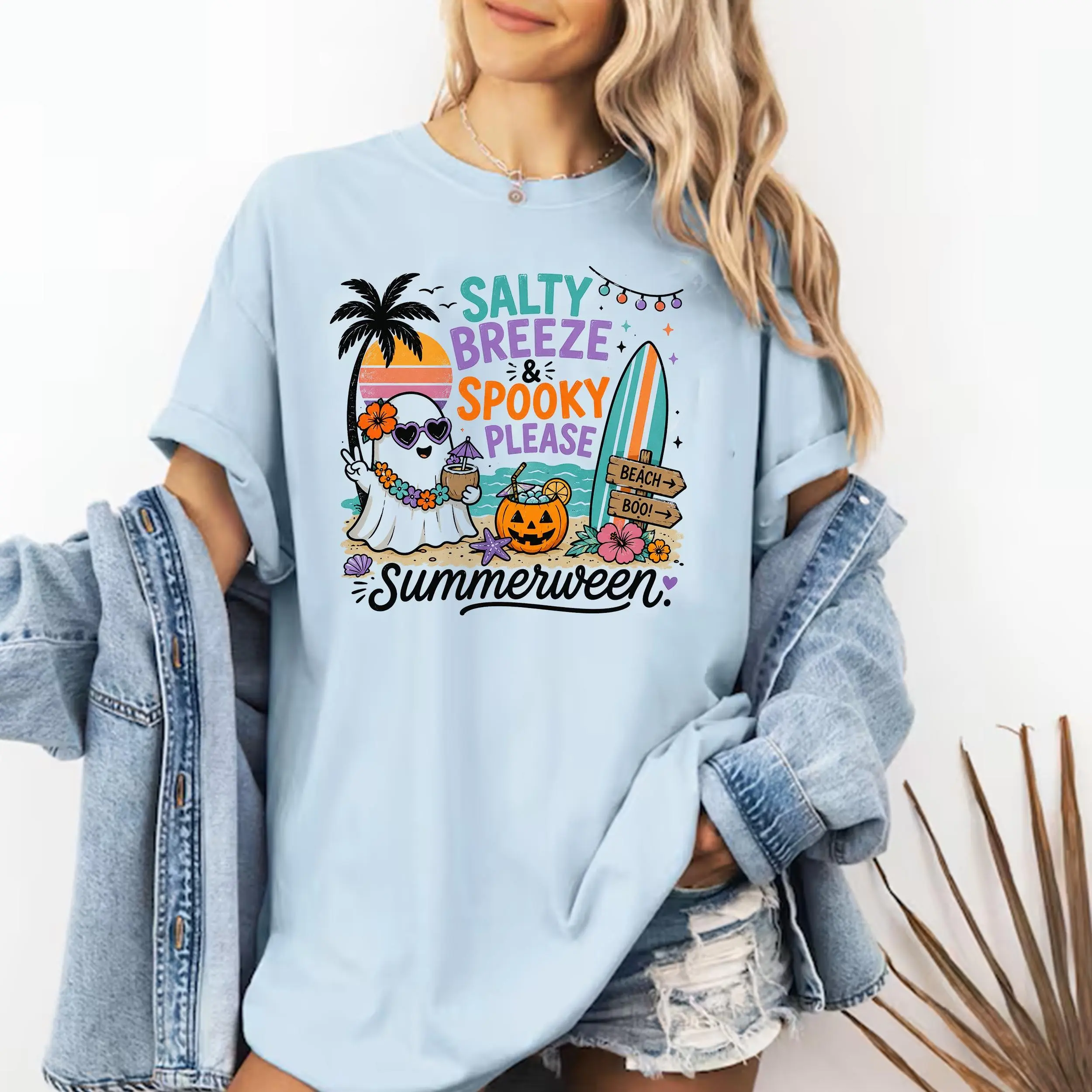 Summerween Ghost Shirt for Women, Spooky Beach Vibes Tee, Cute Halloween Summer Tropical Graphic Retro Casual Top - photo 2