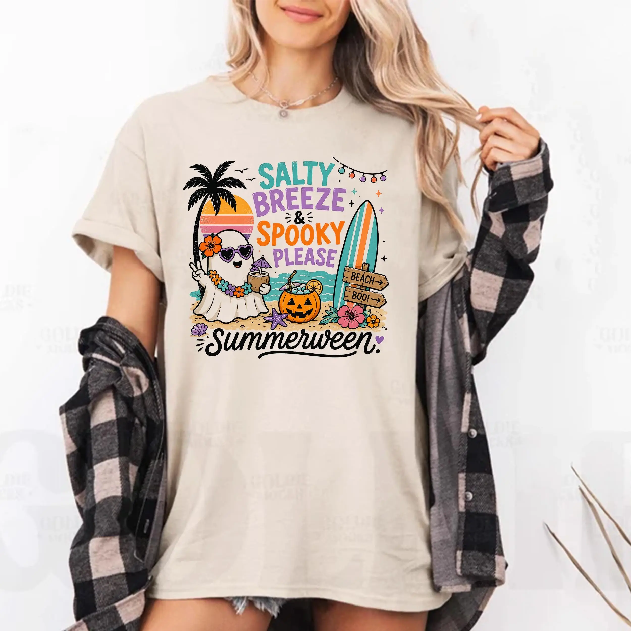 Summerween Ghost Shirt for Women, Spooky Beach Vibes Tee, Cute Halloween Summer Tropical Graphic Retro Casual Top - photo 3