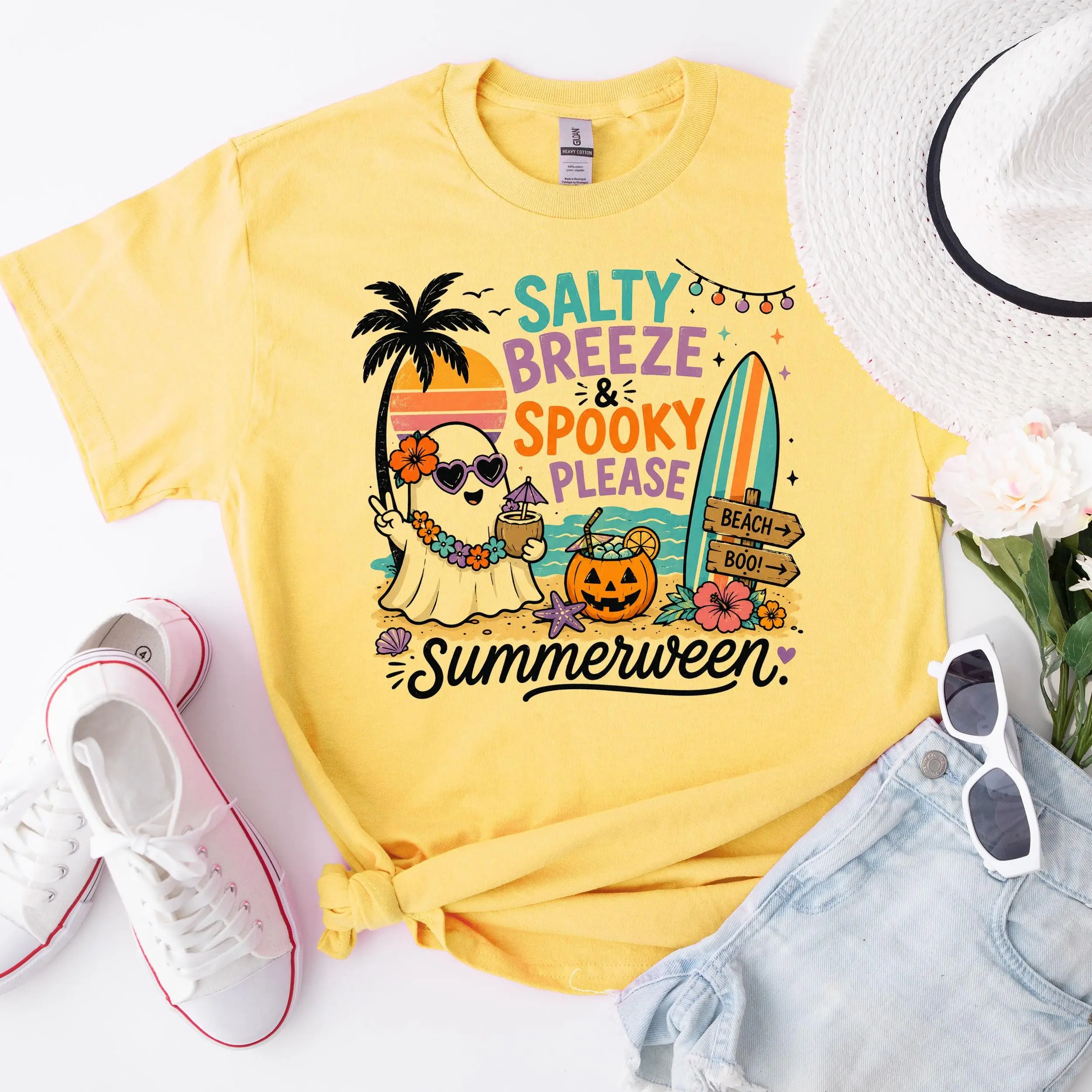 Summerween Ghost Shirt for Women, Spooky Beach Vibes Tee, Cute Halloween Summer Tropical Graphic Retro Casual Top - photo 4