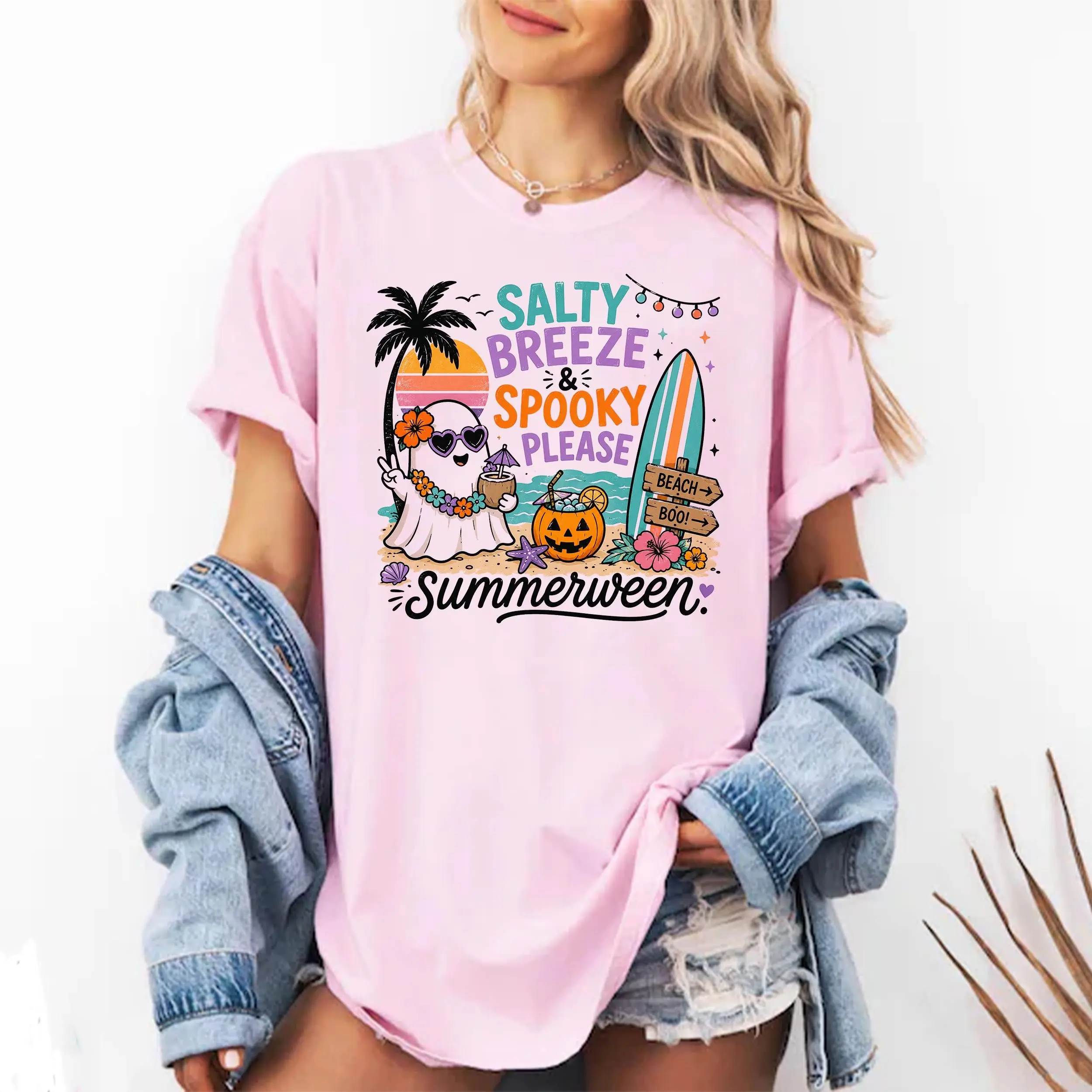Summerween Ghost Shirt for Women, Spooky Beach Vibes Tee, Cute Halloween Summer Tropical Graphic Retro Casual Top - photo 5