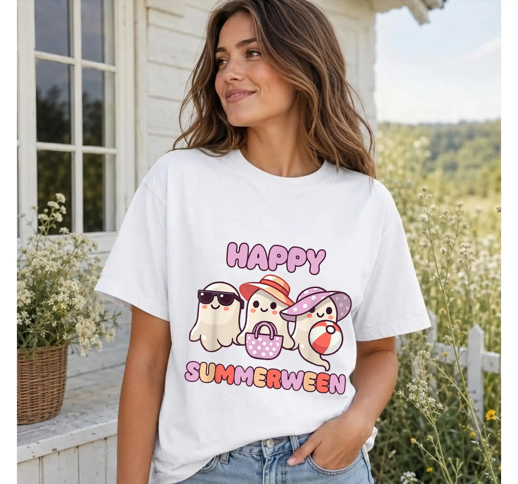 Summerween Ghost T-Shirt, Spooky Summer Halloween Season Graphic Tee Top
