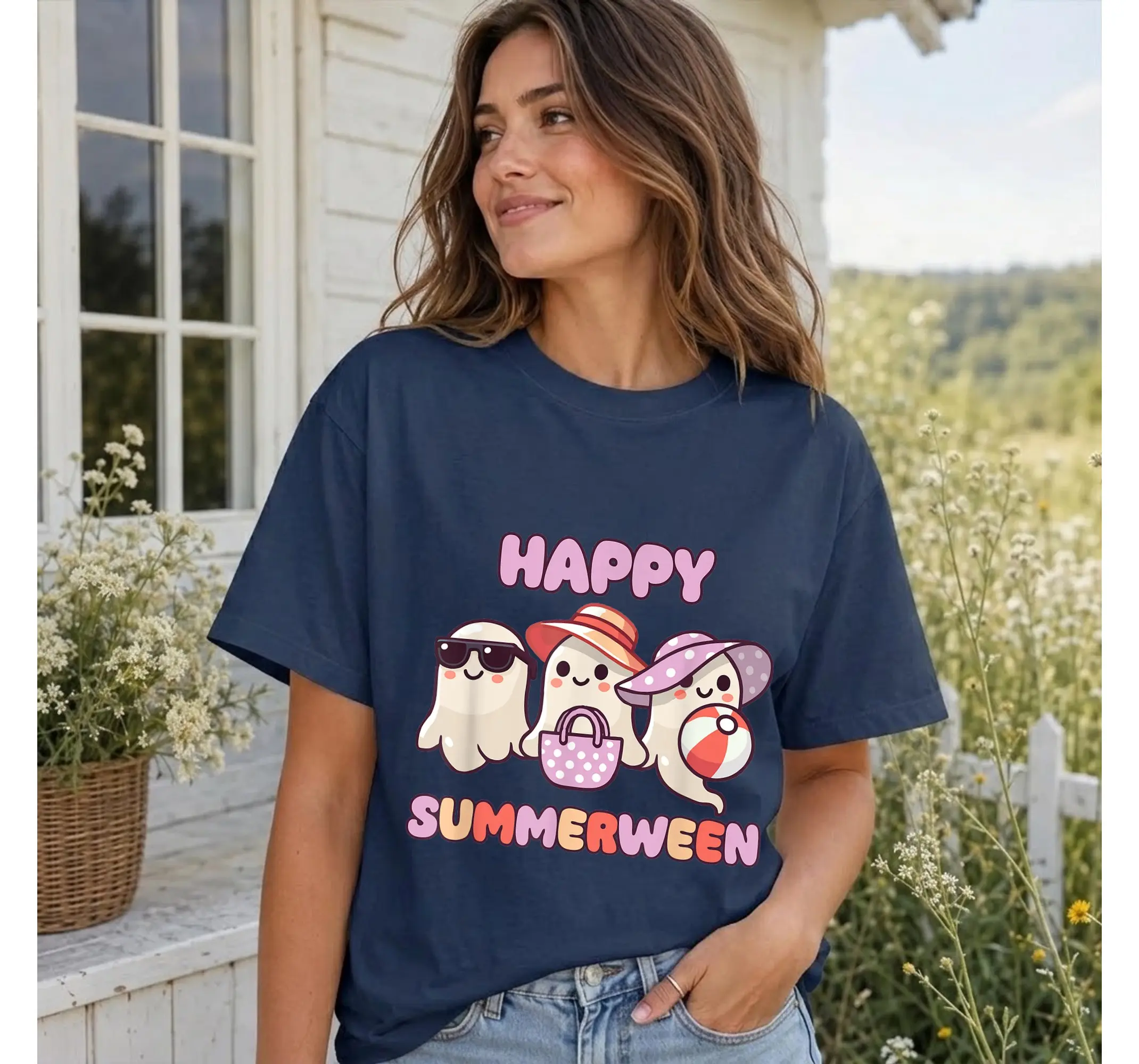 Summerween Ghost T-Shirt, Spooky Summer Halloween Season Graphic Tee Top - photo 2