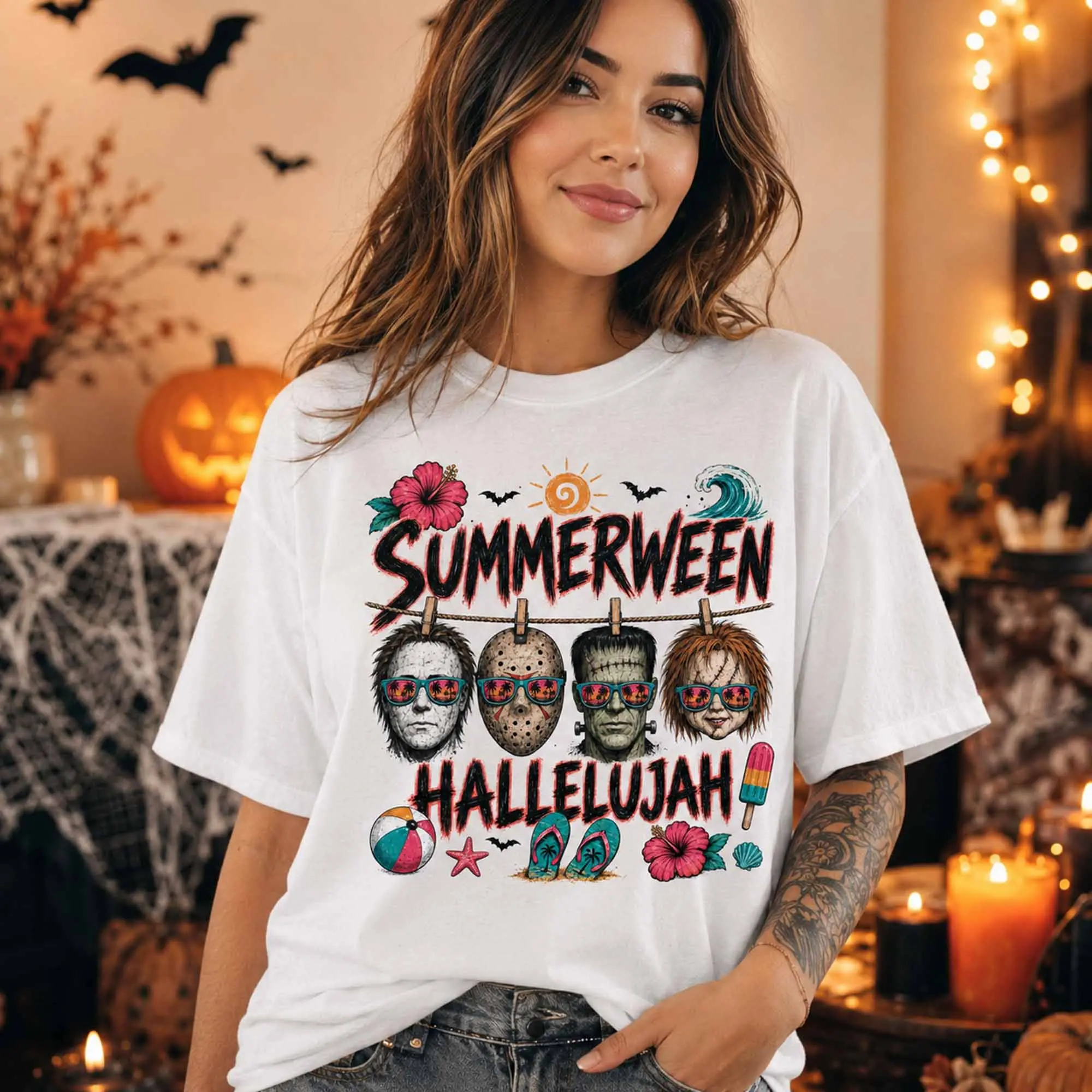 Summerween Hallelujah Shirt, Spooky Beach Horror Graphic Tee, Comfort Colors Halloween Summer Vacation Gift for Fans
