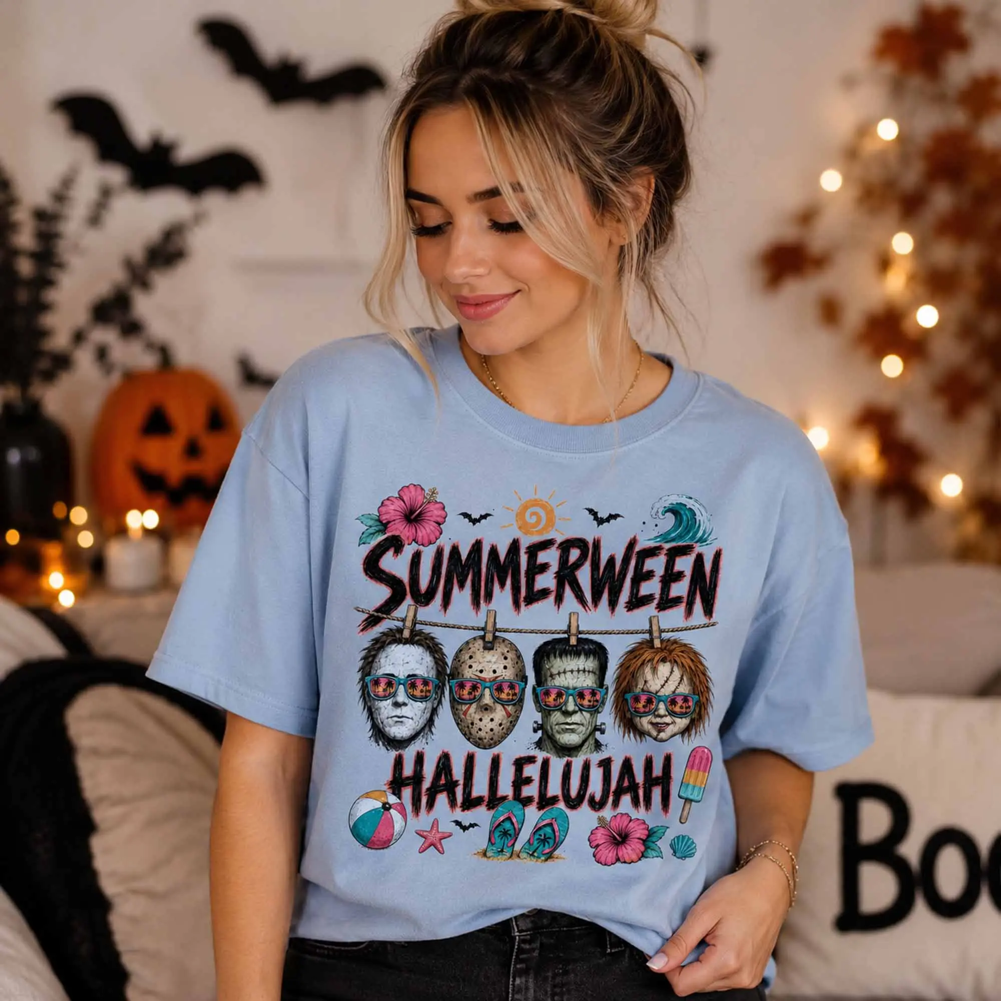 Summerween Hallelujah Shirt, Spooky Beach Horror Graphic Tee, Comfort Colors Halloween Summer Vacation Gift for Fans - photo 3