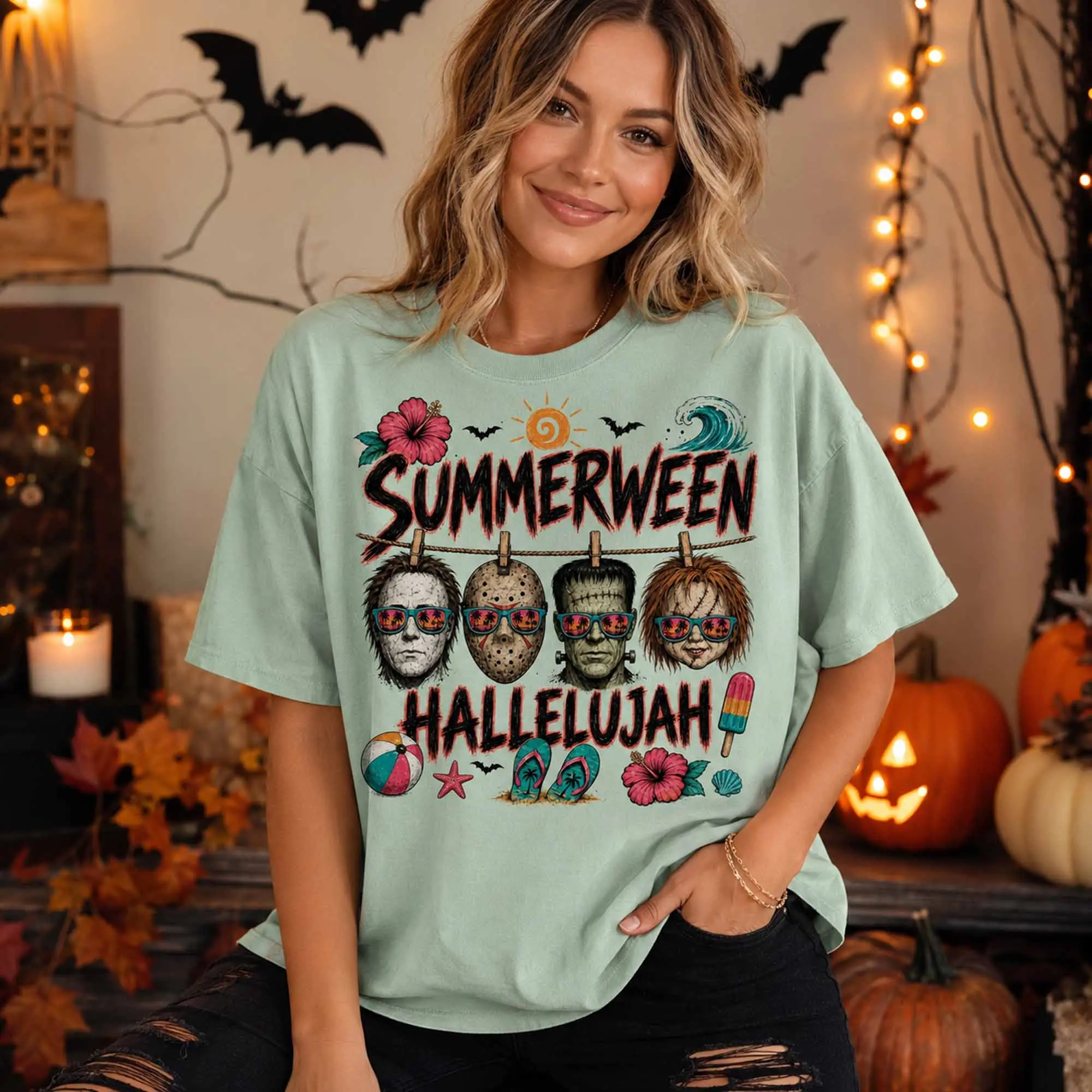 Summerween Hallelujah Shirt, Spooky Beach Horror Graphic Tee, Comfort Colors Halloween Summer Vacation Gift for Fans - photo 4