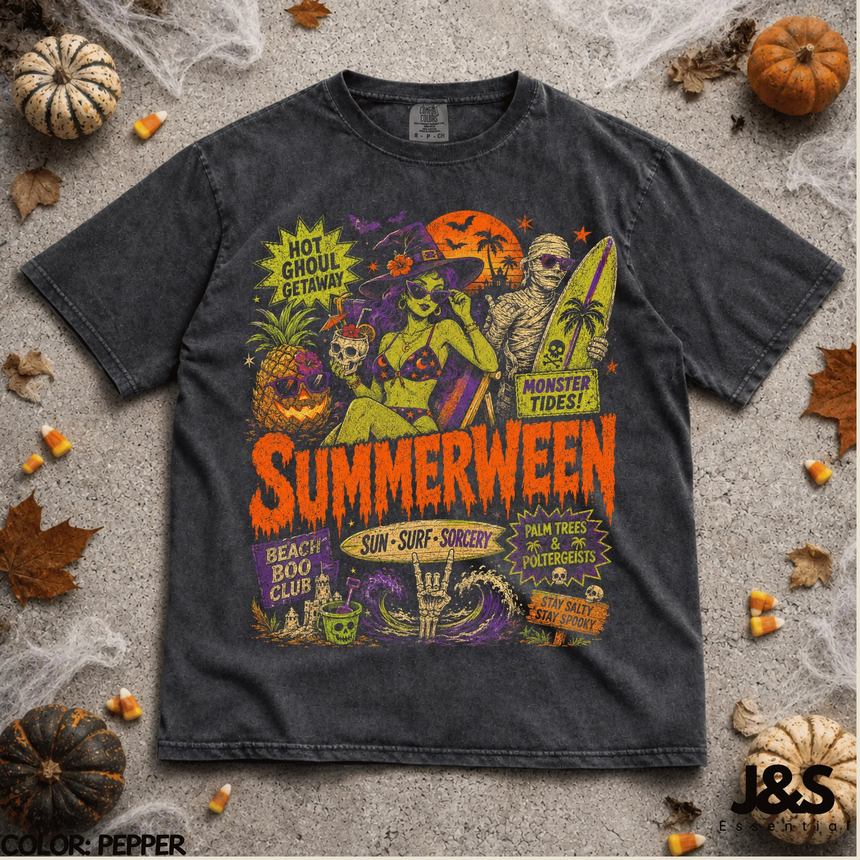 Summerween Halloween Shirt, Surf Monster Beach Horror Tee, Retro Vintage 90s Spooky Graphic Gift