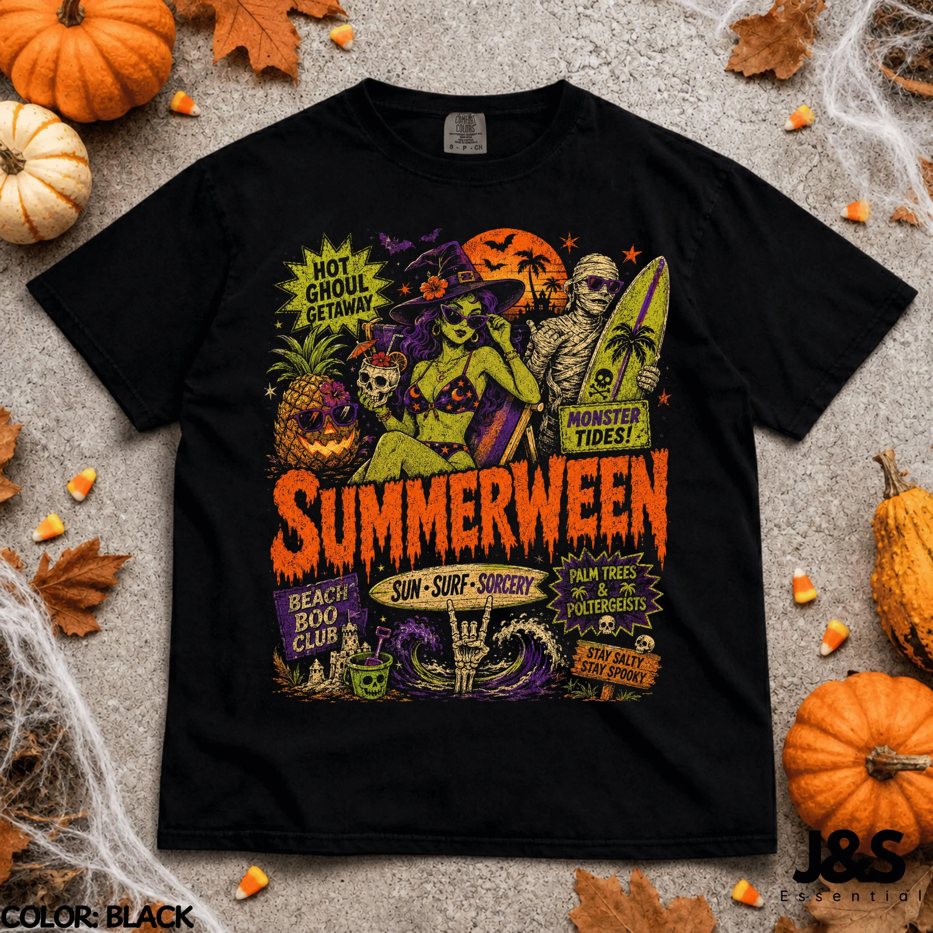 Summerween Halloween Shirt, Surf Monster Beach Horror Tee, Retro Vintage 90s Spooky Graphic Gift - photo 2
