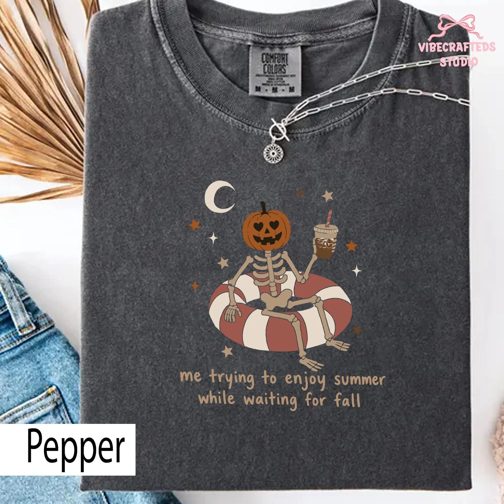Summerween Skeleton Comfort Colors Shirt, Me Trying to Enjoy Summer While Waiting for Fall Tee, Pumpkin Head Halloween Top - photo 2