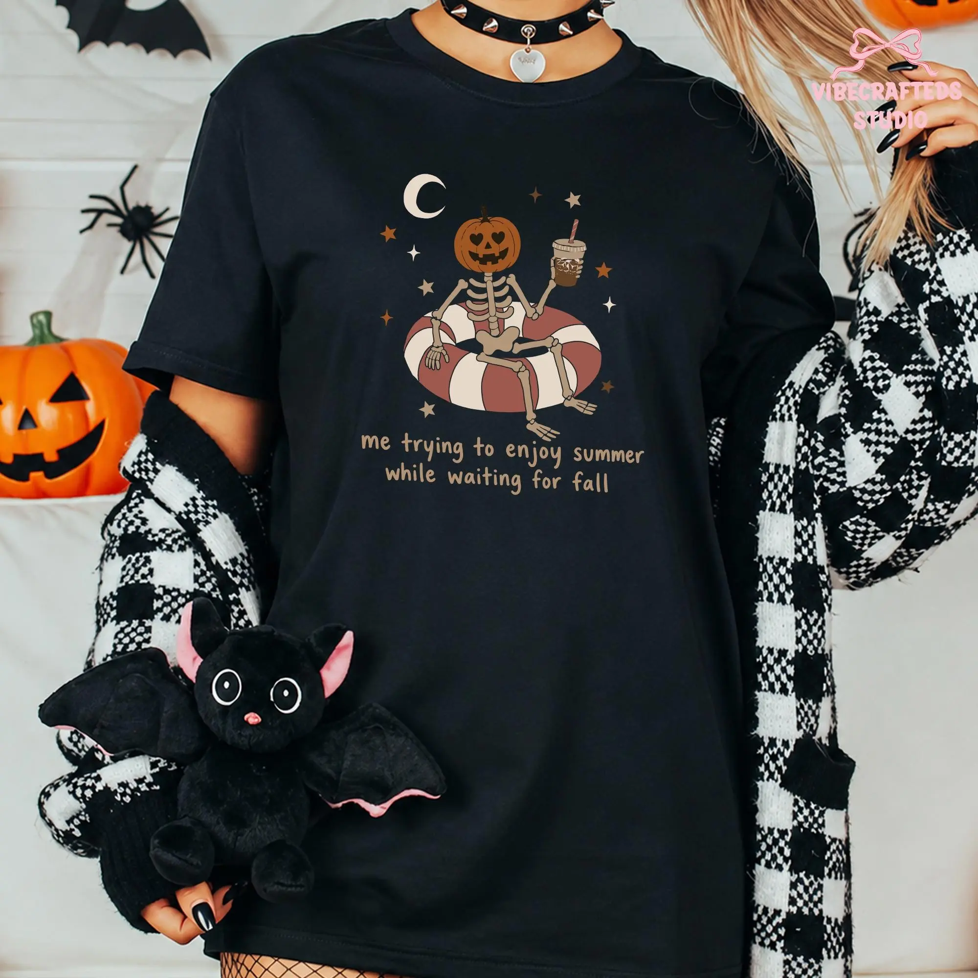 Summerween Skeleton Comfort Colors Shirt, Me Trying to Enjoy Summer While Waiting for Fall Tee, Pumpkin Head Halloween Top - photo 3