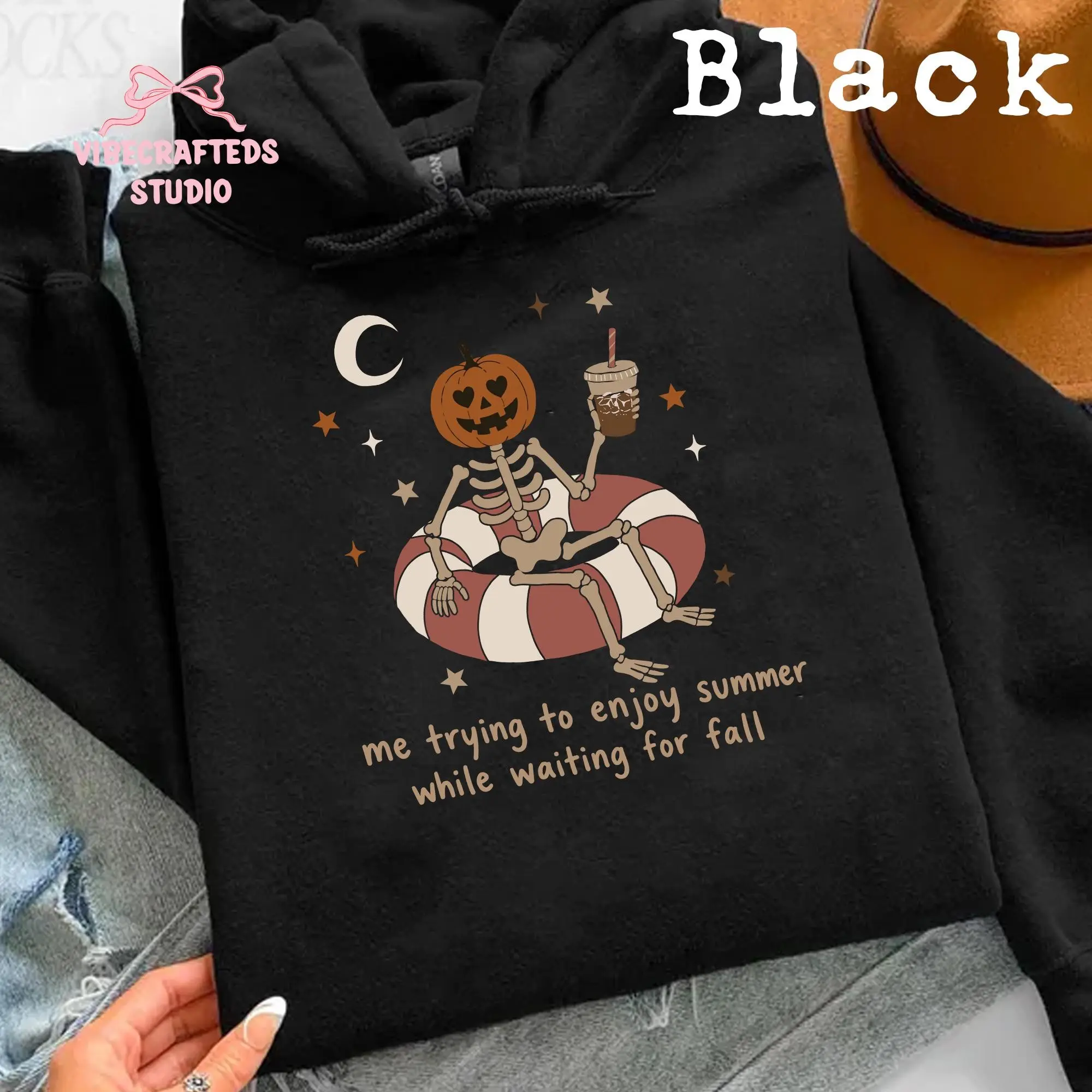 Summerween Skeleton Comfort Colors Shirt, Me Trying to Enjoy Summer While Waiting for Fall Tee, Pumpkin Head Halloween Top - photo 4