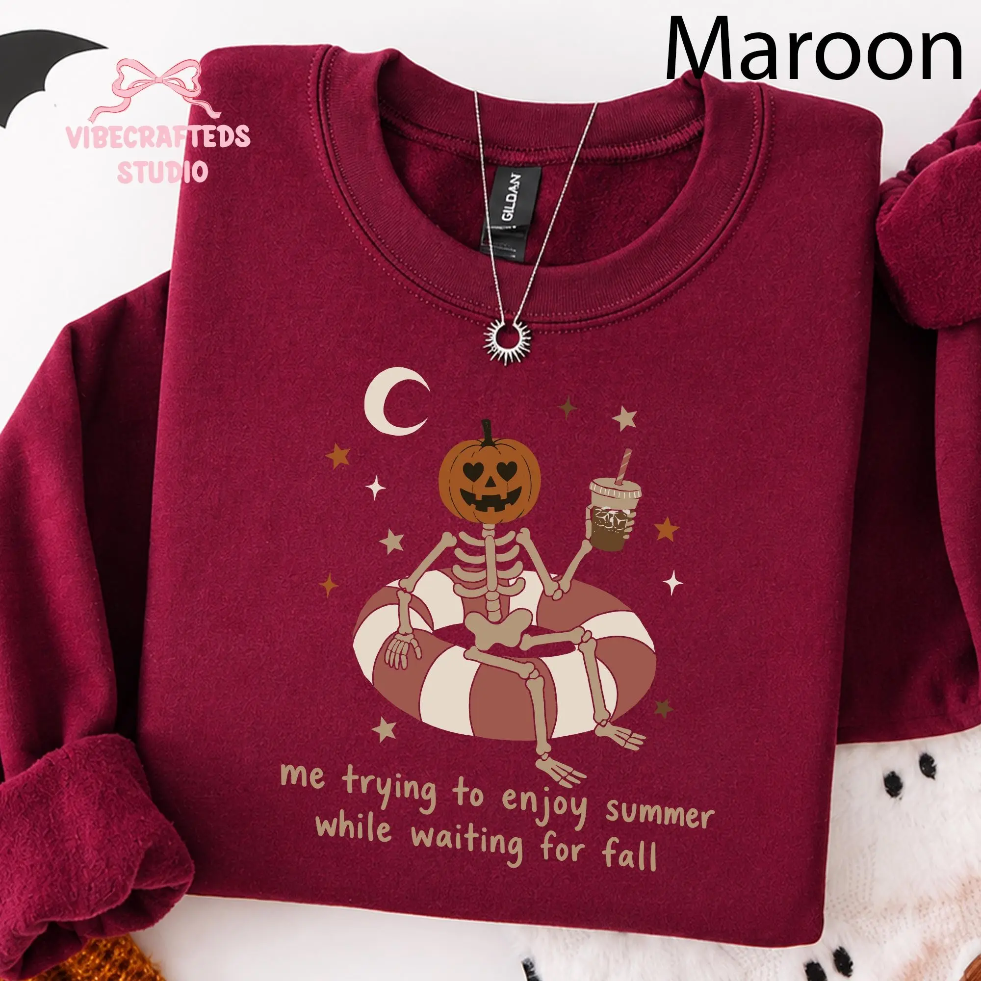 Summerween Skeleton Comfort Colors Shirt, Me Trying to Enjoy Summer While Waiting for Fall Tee, Pumpkin Head Halloween Top - photo 5