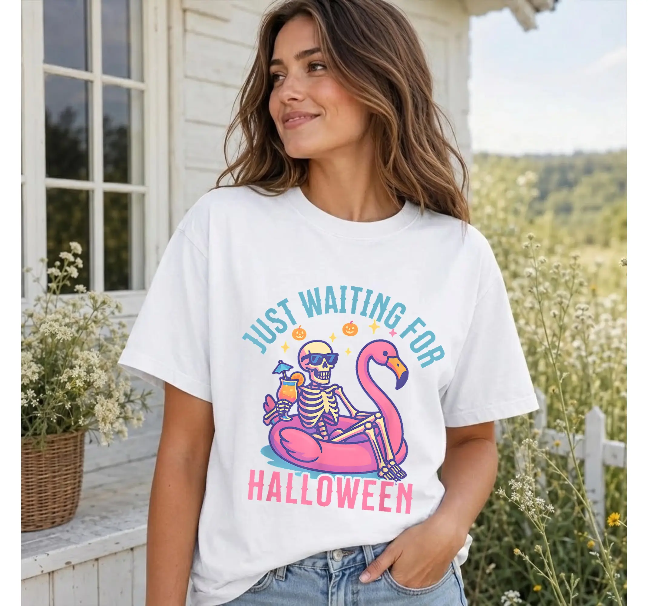Summerween Skeleton Flamingo T-Shirt, Spooky Beach Halloween Vacation Tee