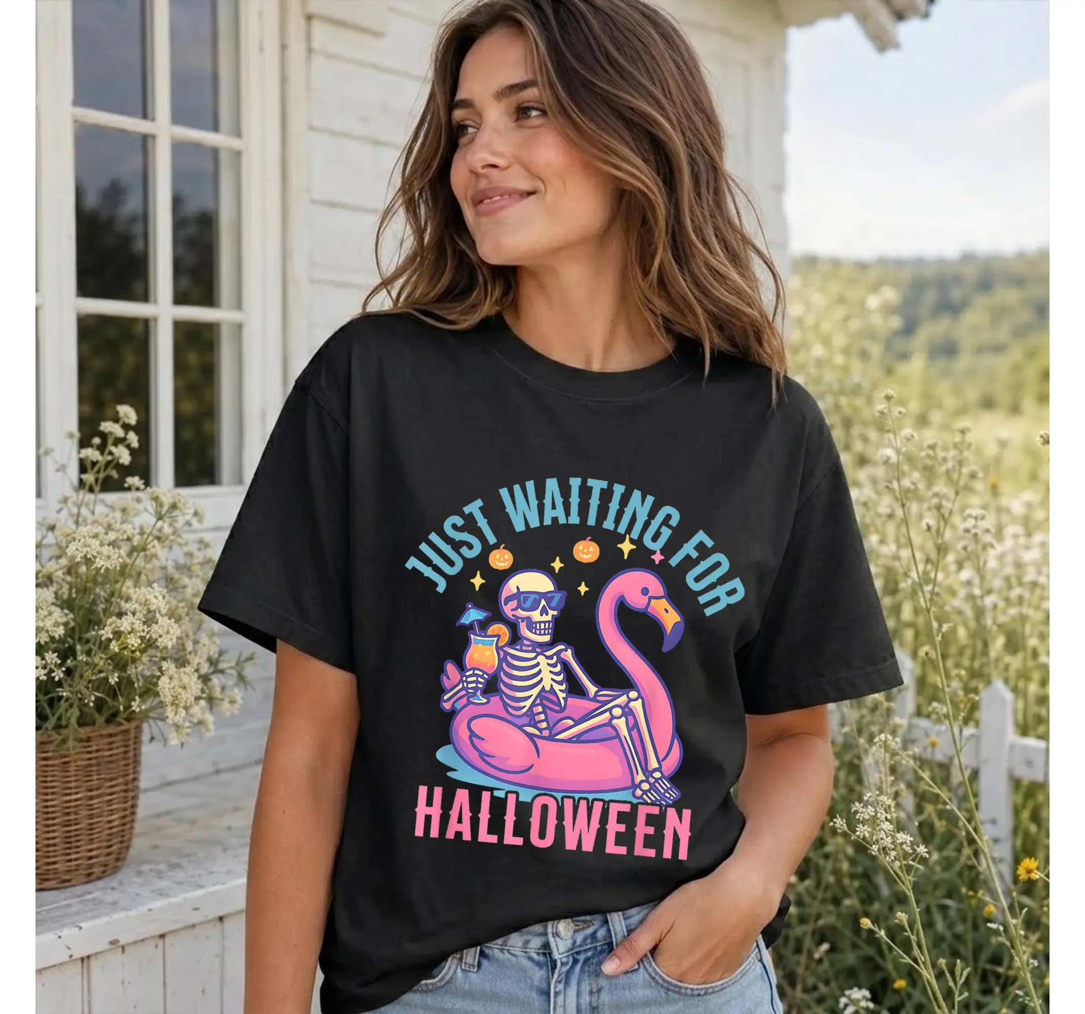 Summerween Skeleton Flamingo T-Shirt, Spooky Beach Halloween Vacation Tee - photo 2