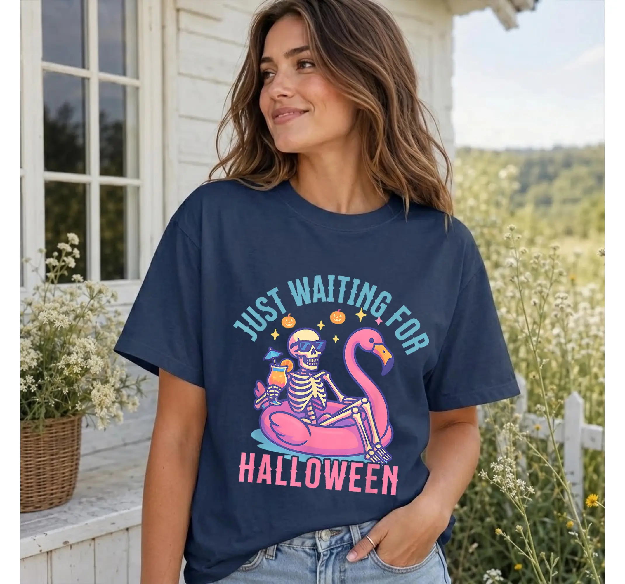 Summerween Skeleton Flamingo T-Shirt, Spooky Beach Halloween Vacation Tee - photo 3