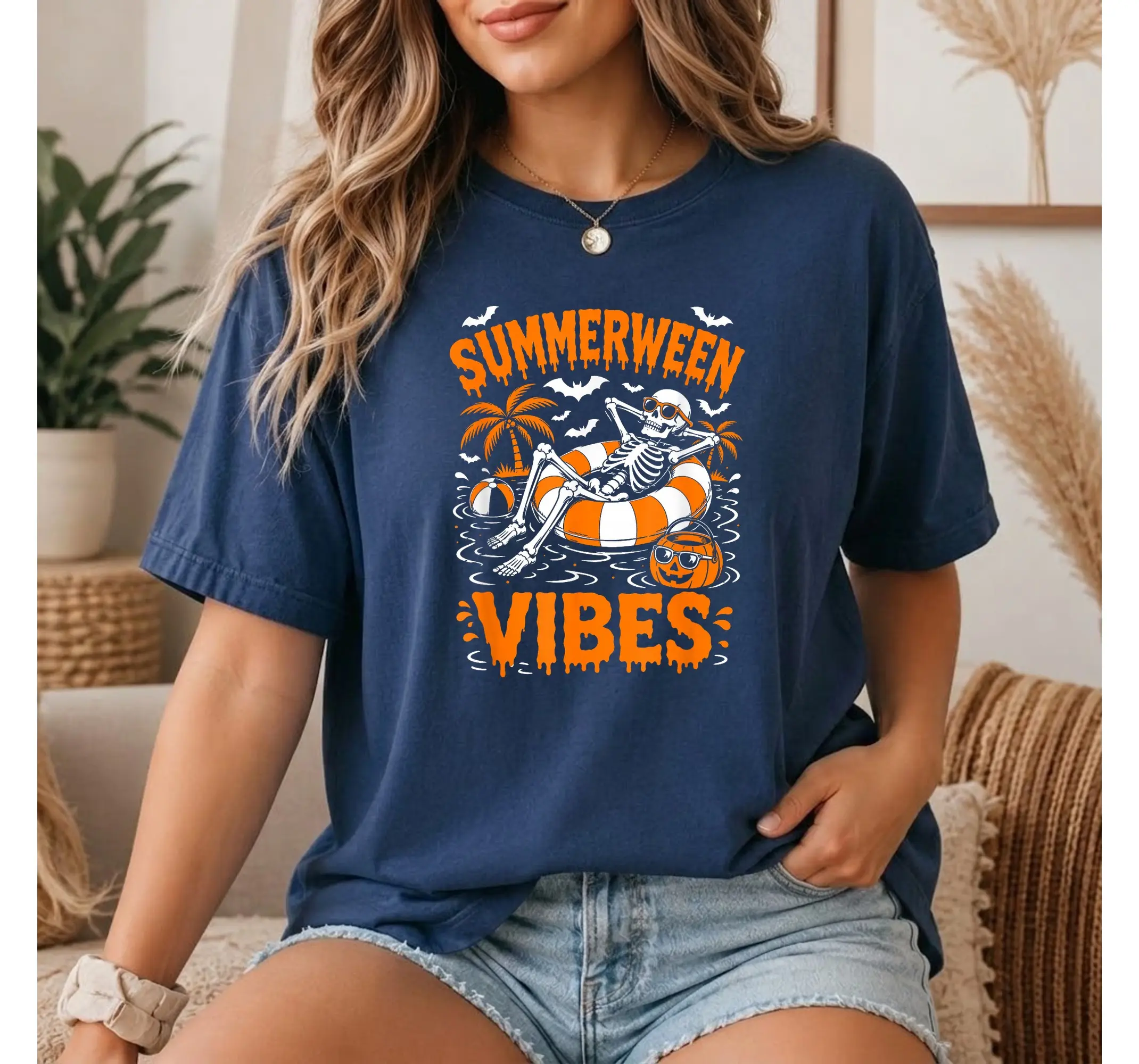 Summerween Skeleton Pool Float Graphic Tee, Spooky Summer Halloween Shirt