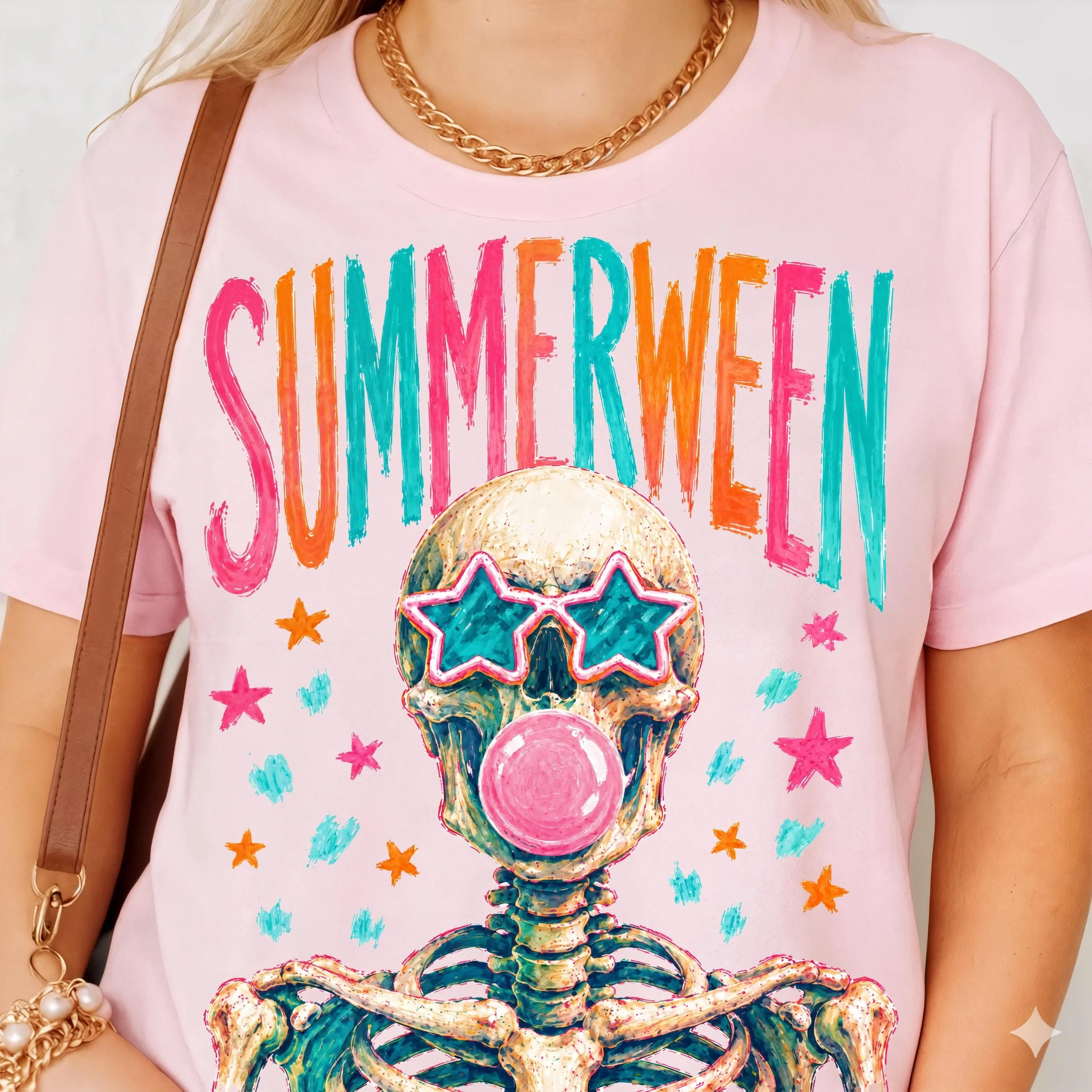 Summerween Skeleton Shirt, Colorful Skull Bubblegum Print Spooky Cute Trendy Halloween Graphic Tee for Women - photo 2
