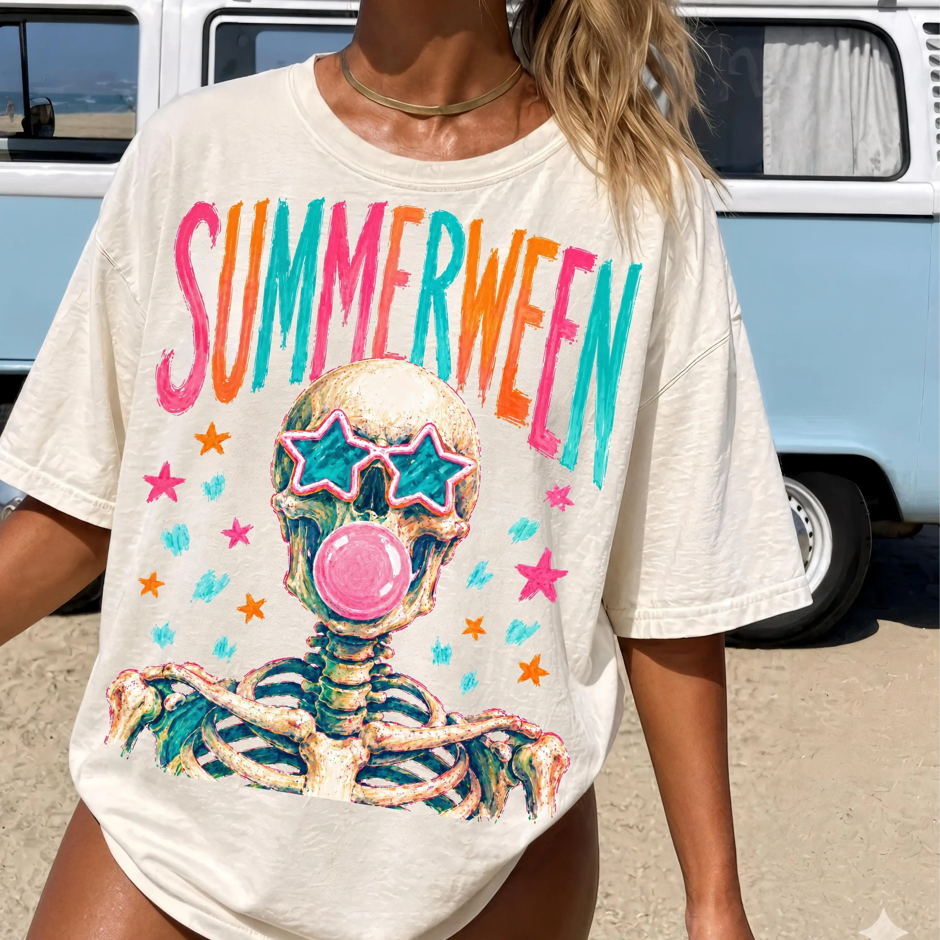 Summerween Skeleton Shirt, Colorful Skull Bubblegum Print Spooky Cute Trendy Halloween Graphic Tee for Women - photo 3