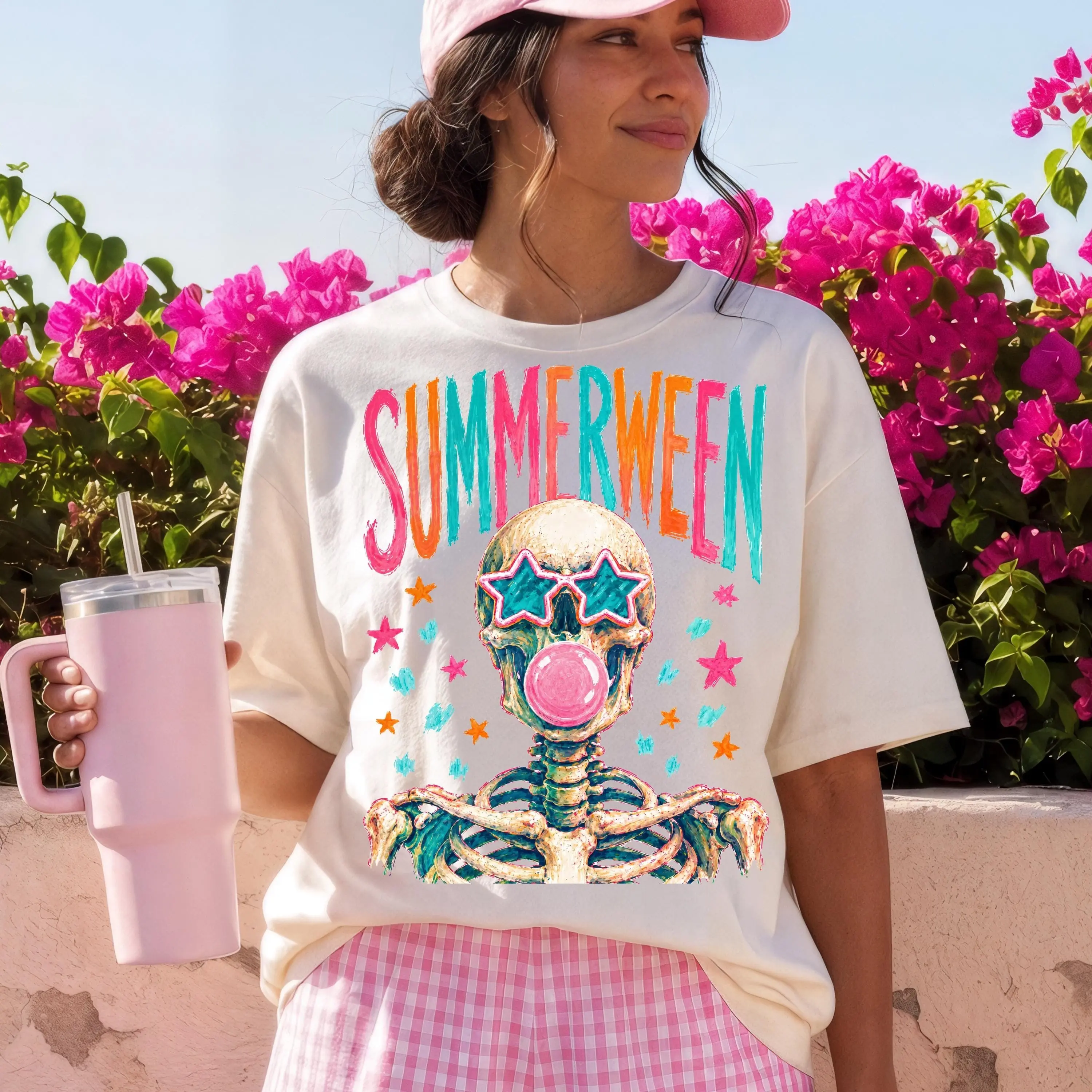 Summerween Skeleton Shirt, Colorful Skull Bubblegum Print Spooky Cute Trendy Halloween Graphic Tee for Women - photo 4