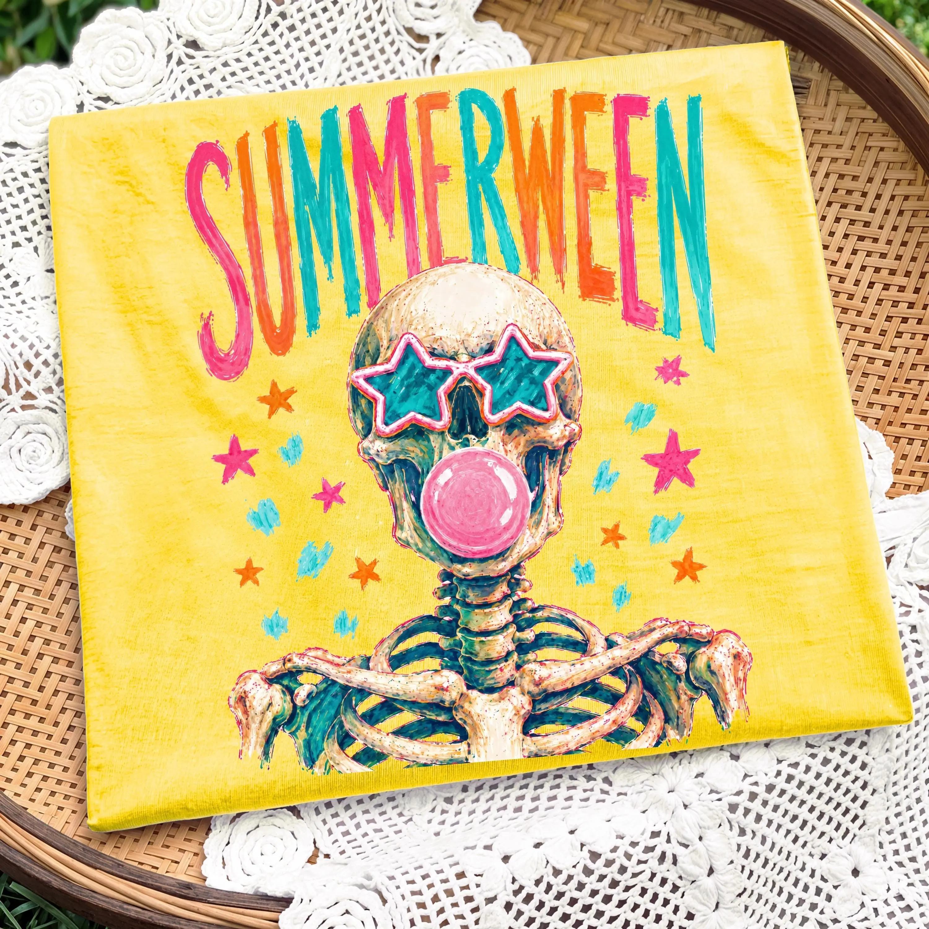 Summerween Skeleton Shirt, Colorful Skull Bubblegum Print Spooky Cute Trendy Halloween Graphic Tee for Women - photo 5