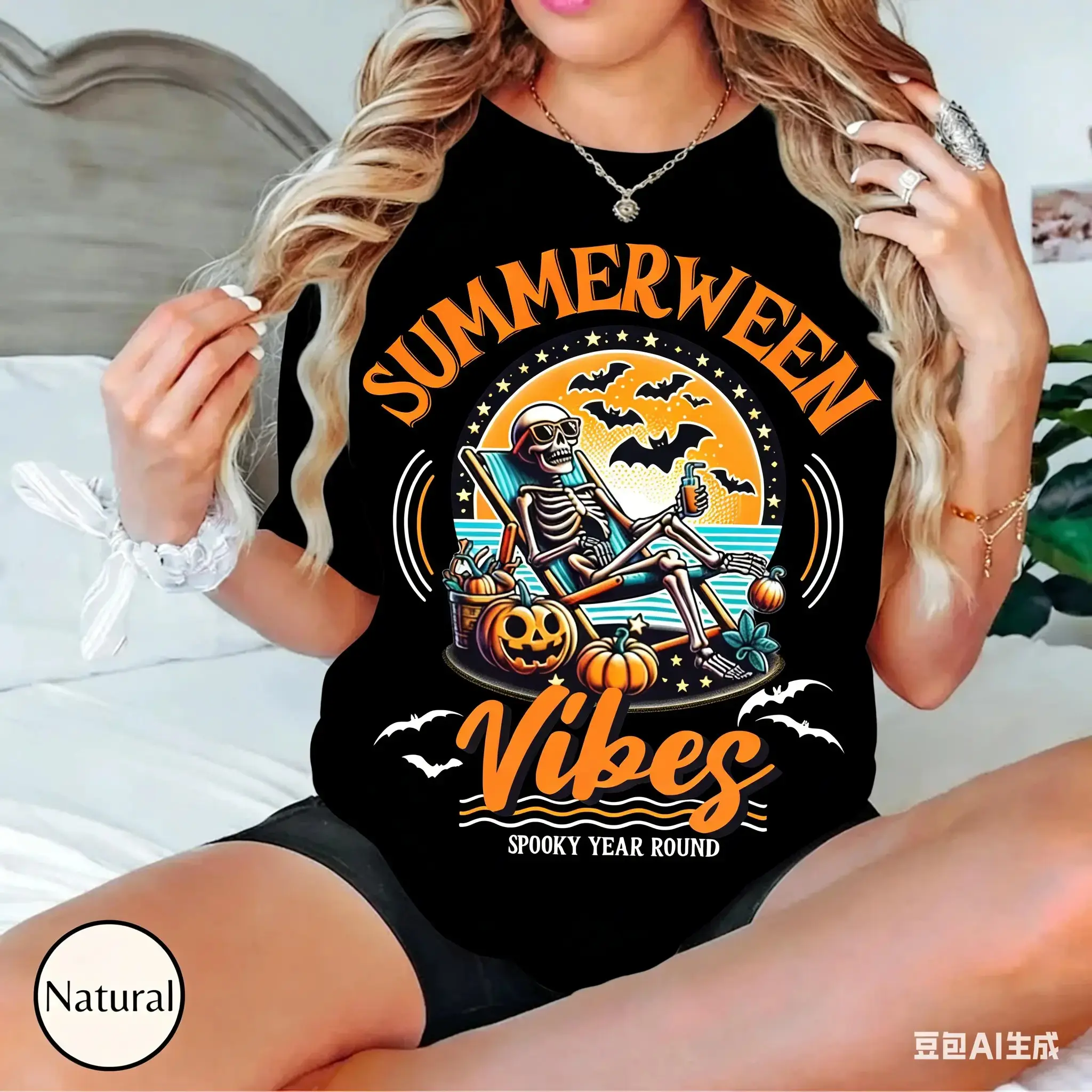 Summerween Skeleton Shirt for Women, Spooky Summer Beach Skelly Funny Halloween Graphic Tee