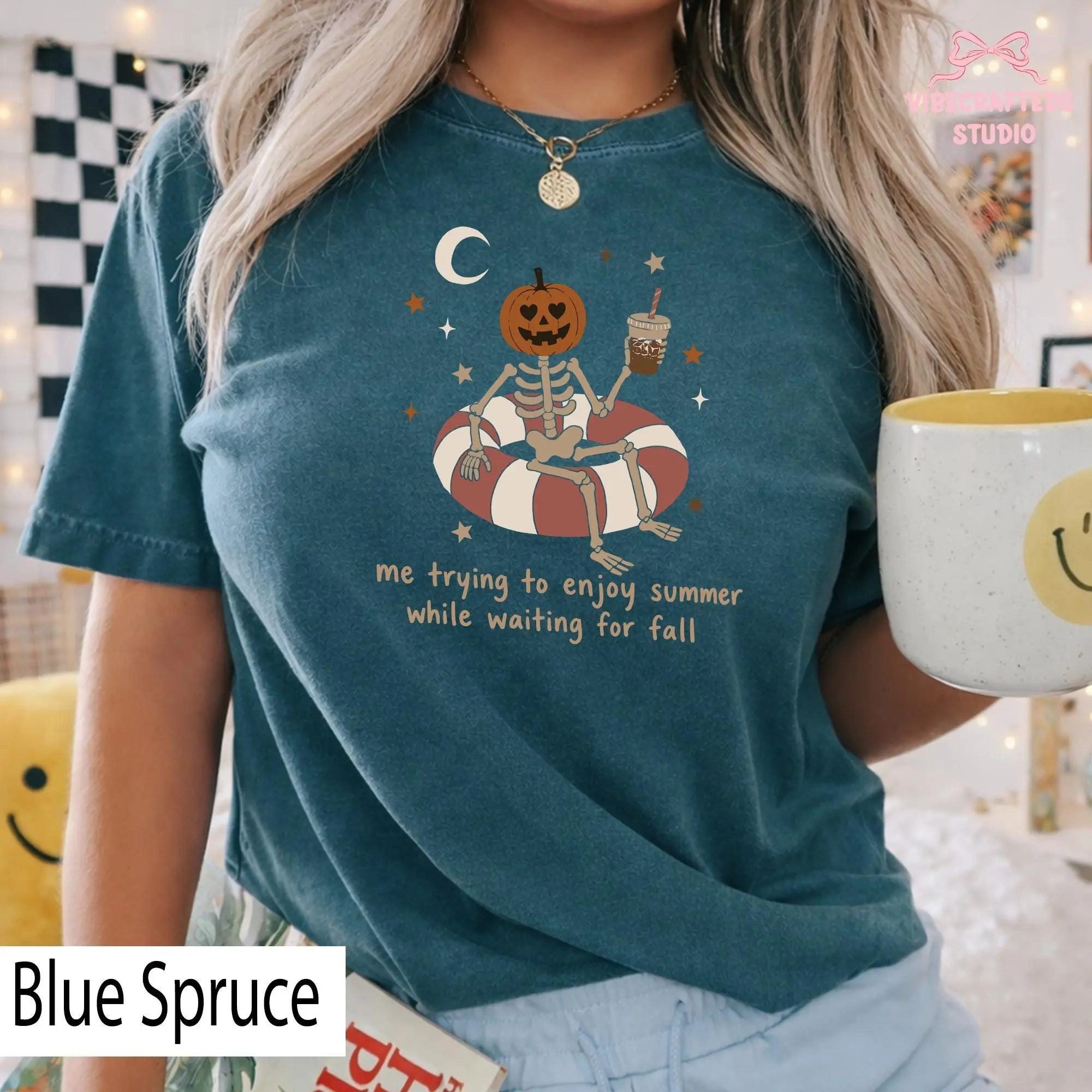 Summerween Skeleton Shirt, Me Trying to Enjoy Summer While Waiting for Fall Tee, Pumpkin Head Halloween Comfort Colors Lover Gift
