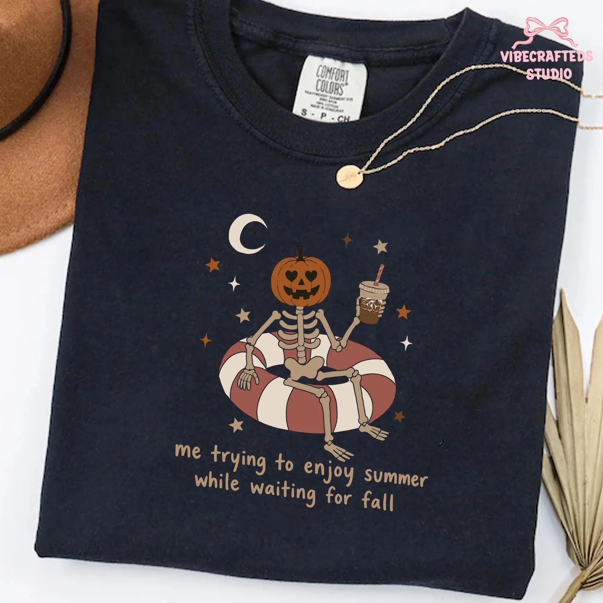 Comfort Colors Summerween Skeleton Shirt, Me Trying To Enjoy Summer While Waiting For Fall Tee, Pumpkin Head Halloween Gift