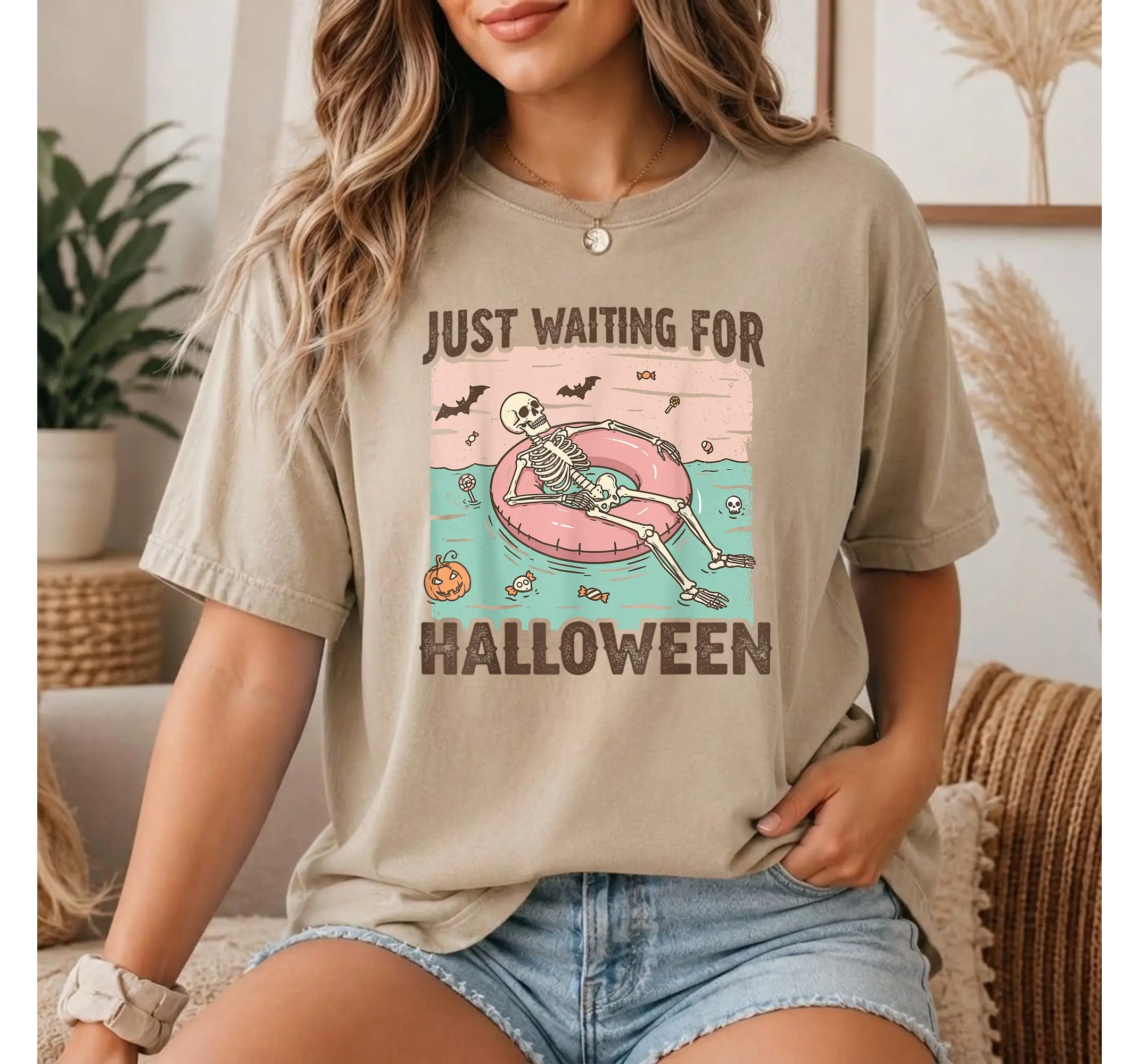 Summerween Skeleton Shirt, Waiting For Halloween Spooky Season Graphic Tee