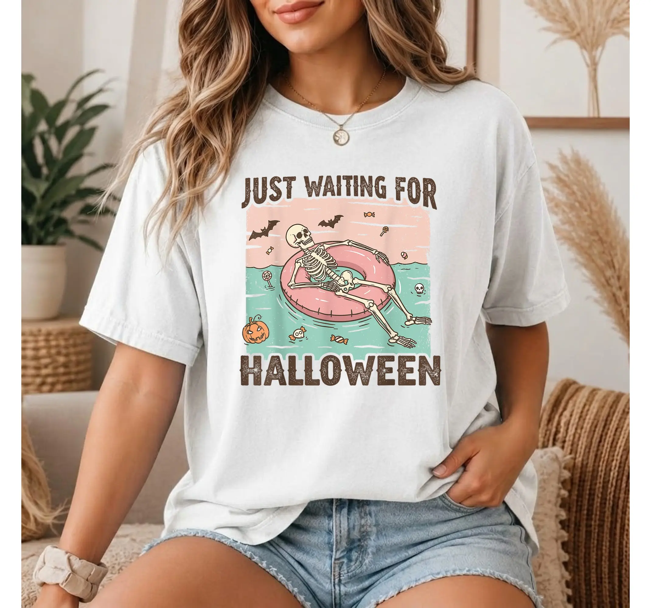 Summerween Skeleton Shirt, Waiting For Halloween Spooky Season Graphic Tee - photo 2