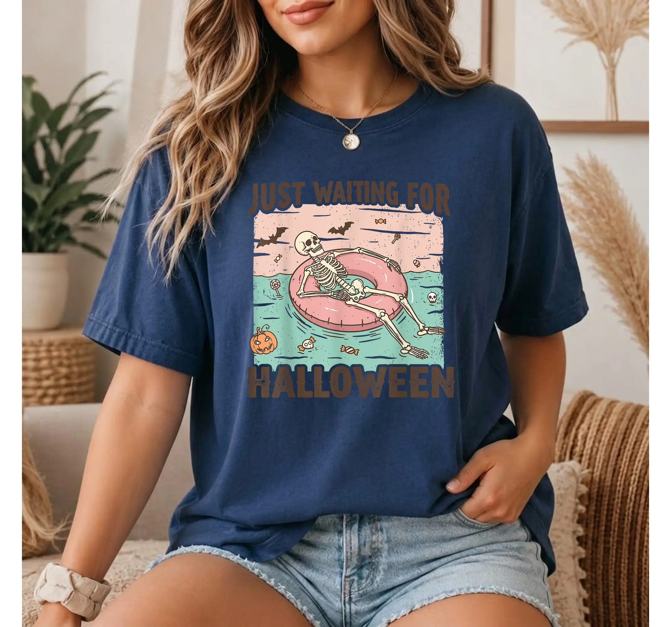 Summerween Skeleton Shirt, Waiting For Halloween Spooky Season Graphic Tee - photo 3