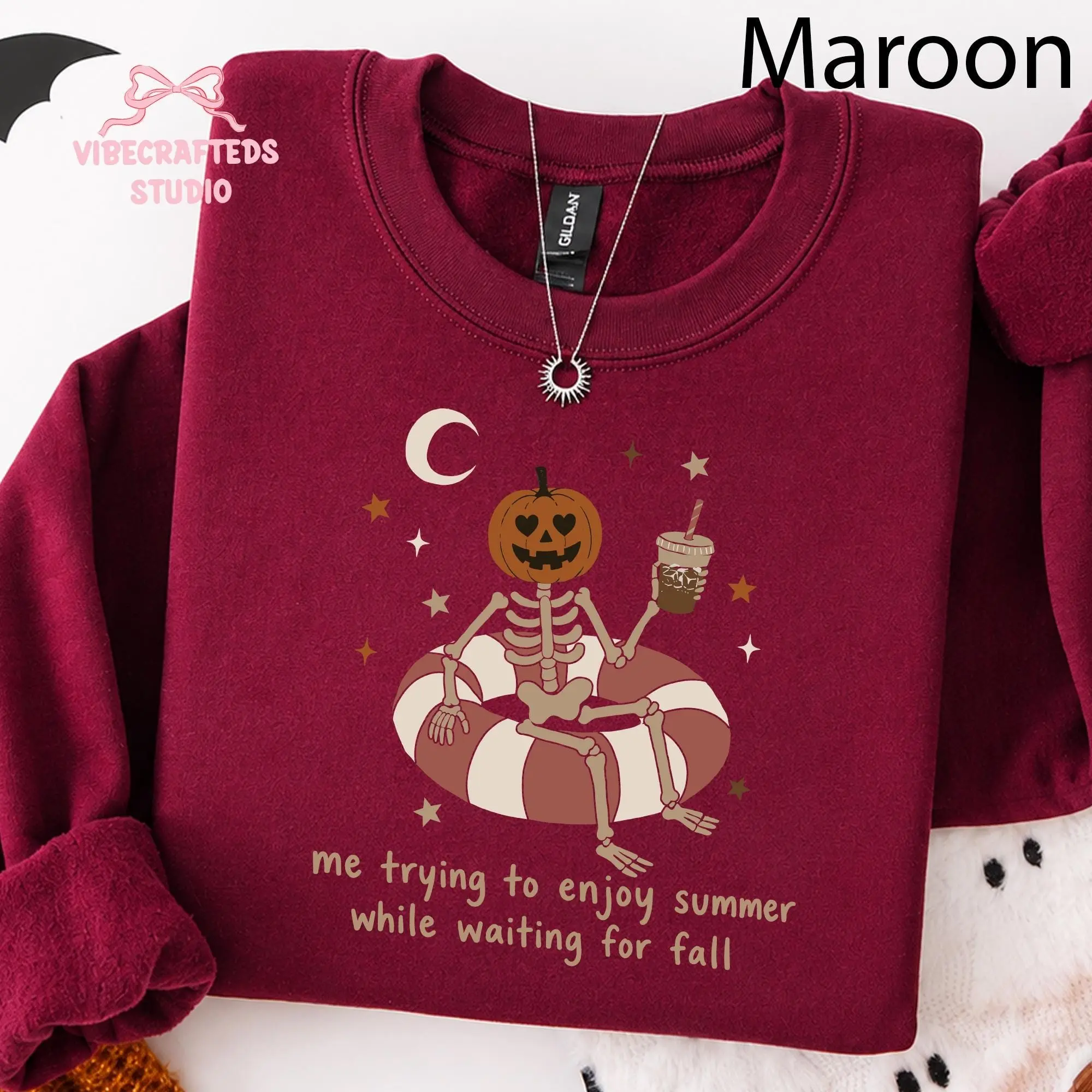 Comfort Colors Summerween Skeleton Sweatshirt, Me Trying To Enjoy Summer While Waiting For Fall Top, Pumpkin Head Halloween Gift - photo 3