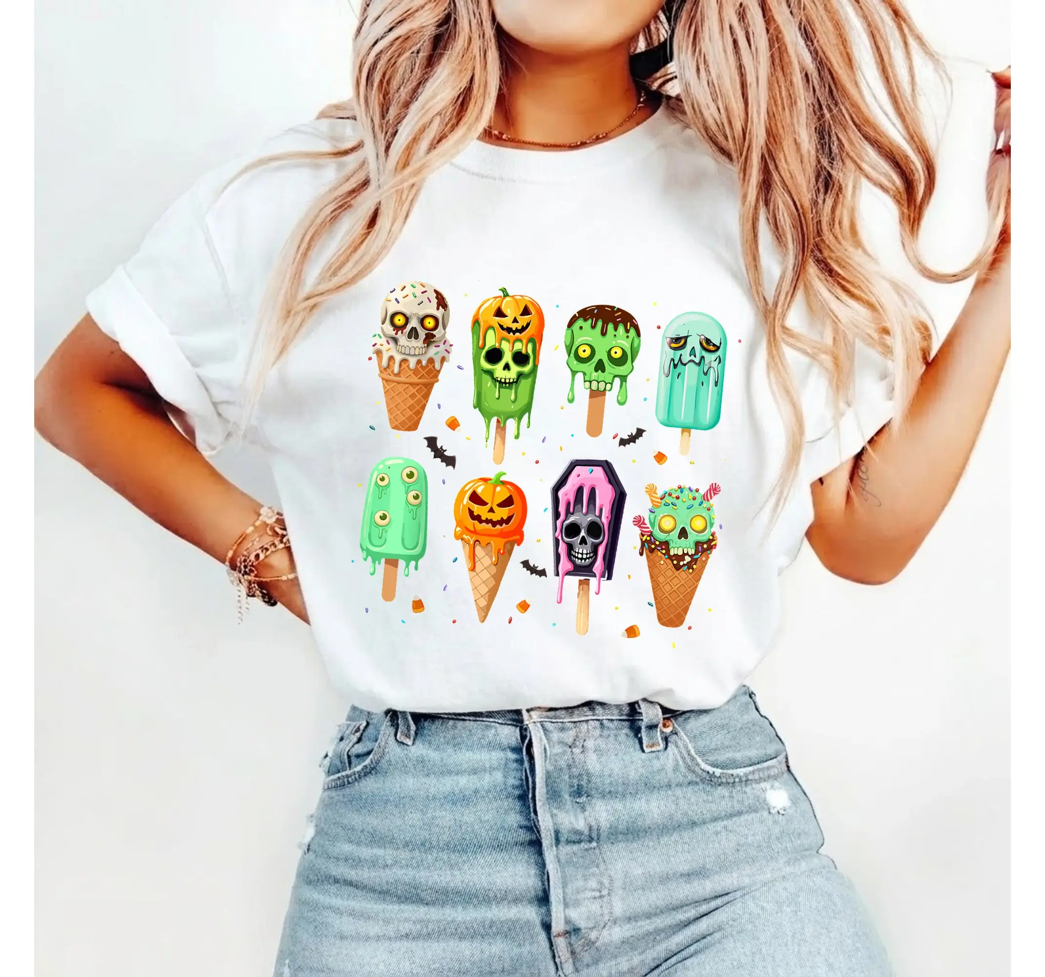 Summerween Spooky Popsicle Tee, Creepy Ice Cream Halloween Party Graphic T-Shirt - photo 2