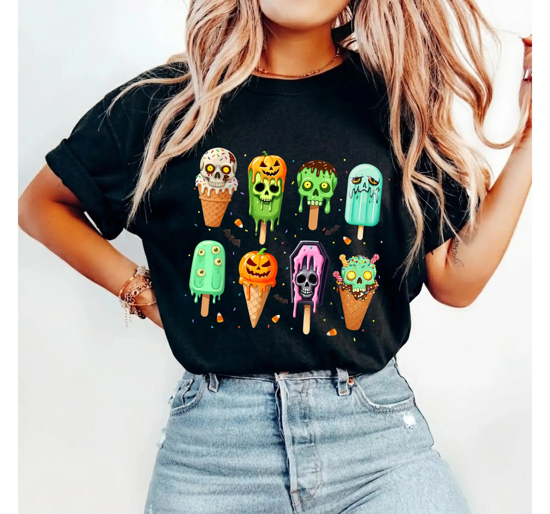 Summerween Spooky Popsicle Tee, Creepy Ice Cream Halloween Party Graphic T-Shirt - photo 4