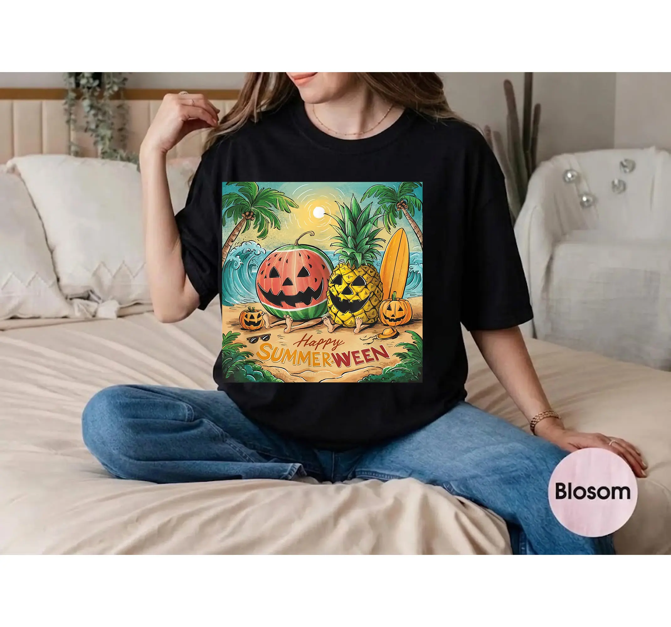 Summerween Tropical Halloween Tee, Spooky Beach Vibes Watermelon Pineapple Shirt