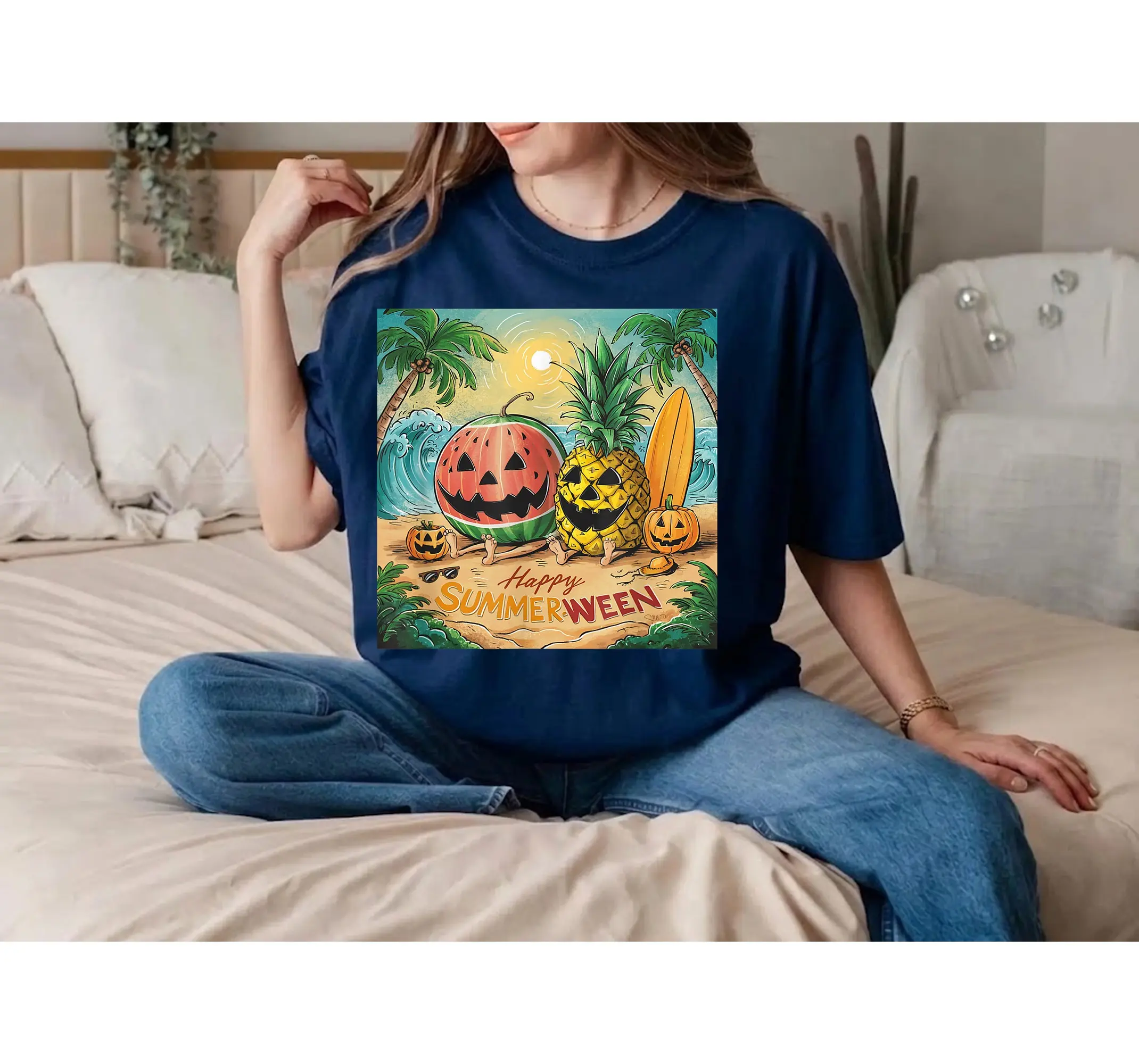 Summerween Tropical Halloween Tee, Spooky Beach Vibes Watermelon Pineapple Shirt - photo 2