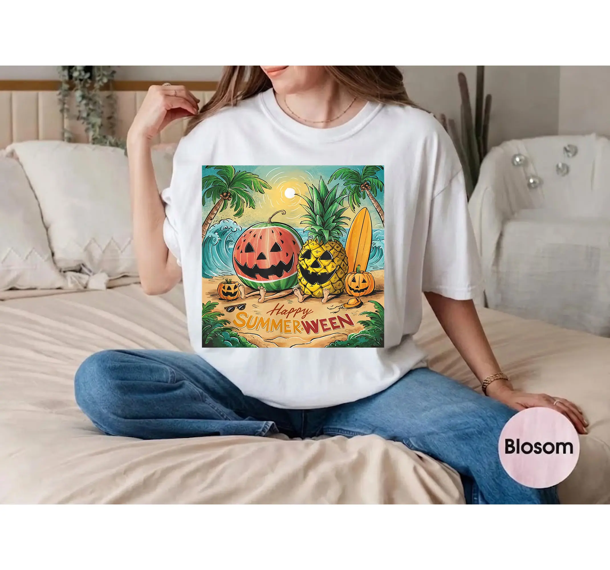 Summerween Tropical Halloween Tee, Spooky Beach Vibes Watermelon Pineapple Shirt - photo 3