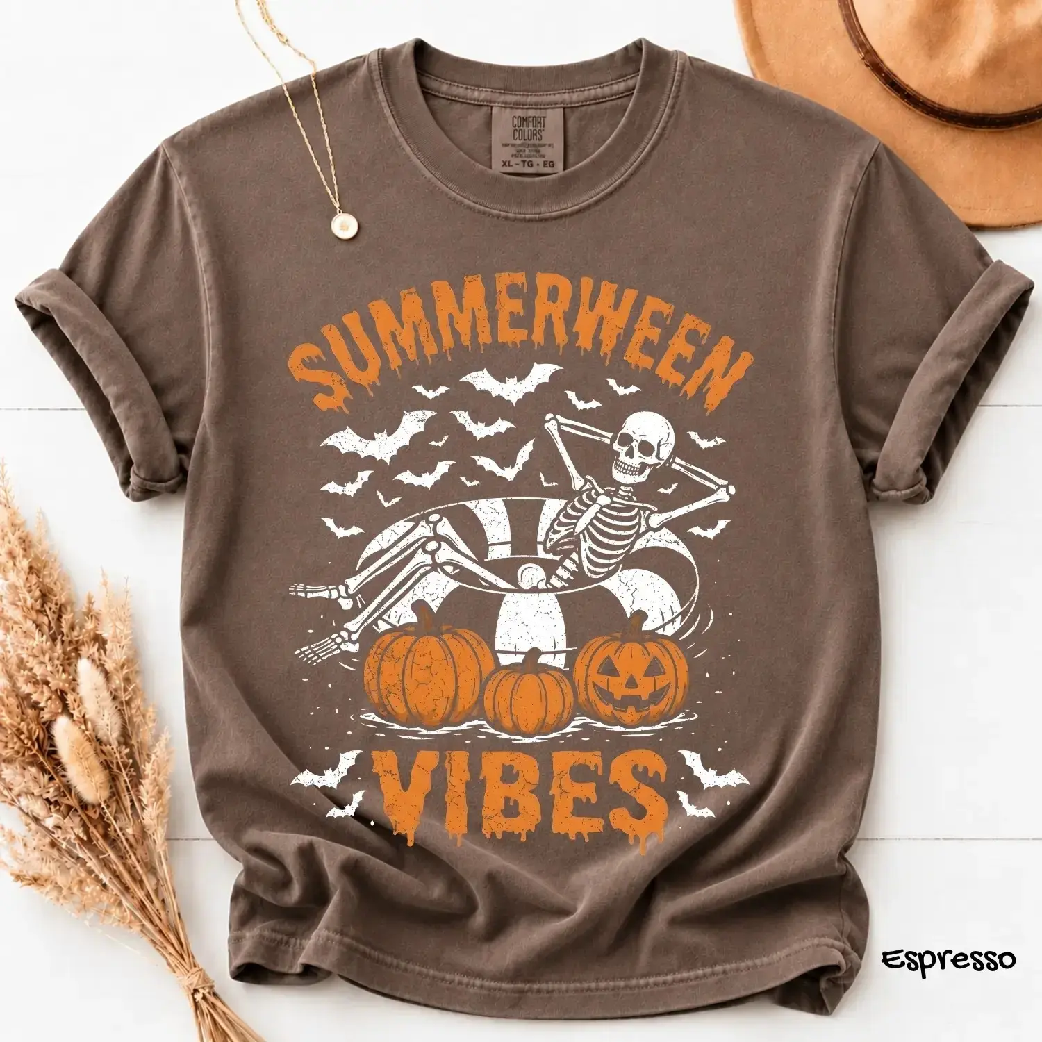 Comfort Colors Summerween Vibes T-Shirt, Skeleton Floaty Pumpkins Bats Spooky Vintage Halloween Tee