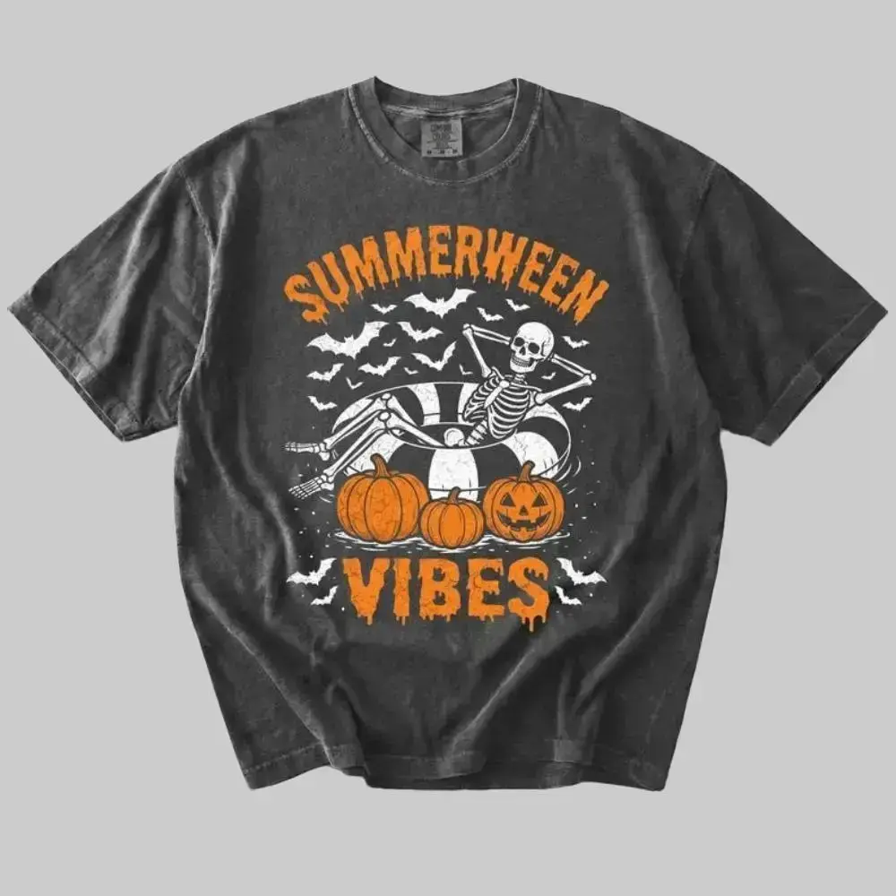 Comfort Colors Summerween Vibes T-Shirt, Skeleton Floaty Pumpkins Bats Spooky Vintage Halloween Tee - photo 2