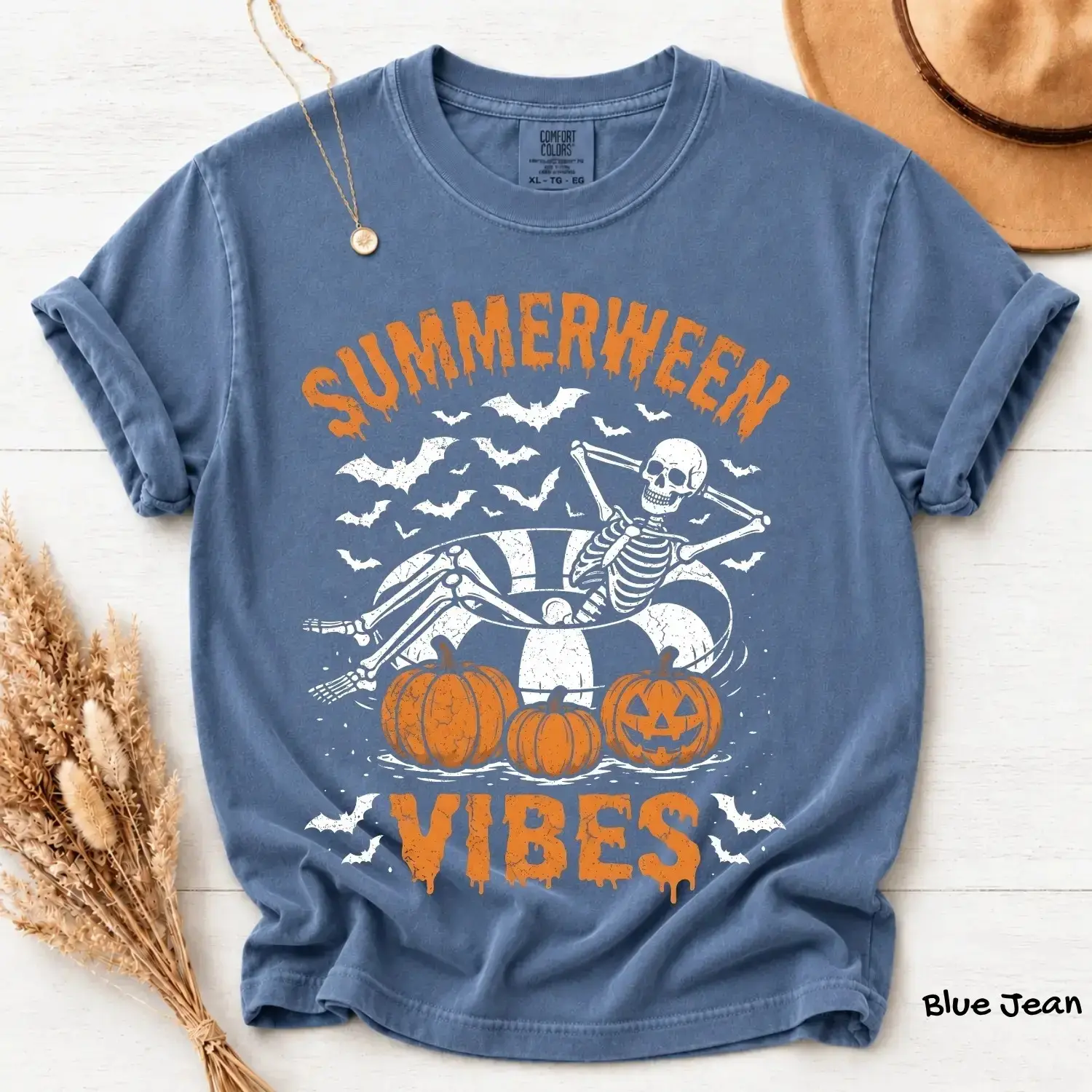 Comfort Colors Summerween Vibes T-Shirt, Skeleton Floaty Pumpkins Bats Spooky Vintage Halloween Tee - photo 3