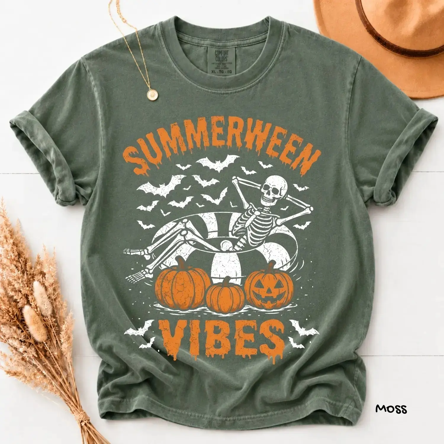 Comfort Colors Summerween Vibes T-Shirt, Skeleton Floaty Pumpkins Bats Spooky Vintage Halloween Tee - photo 4