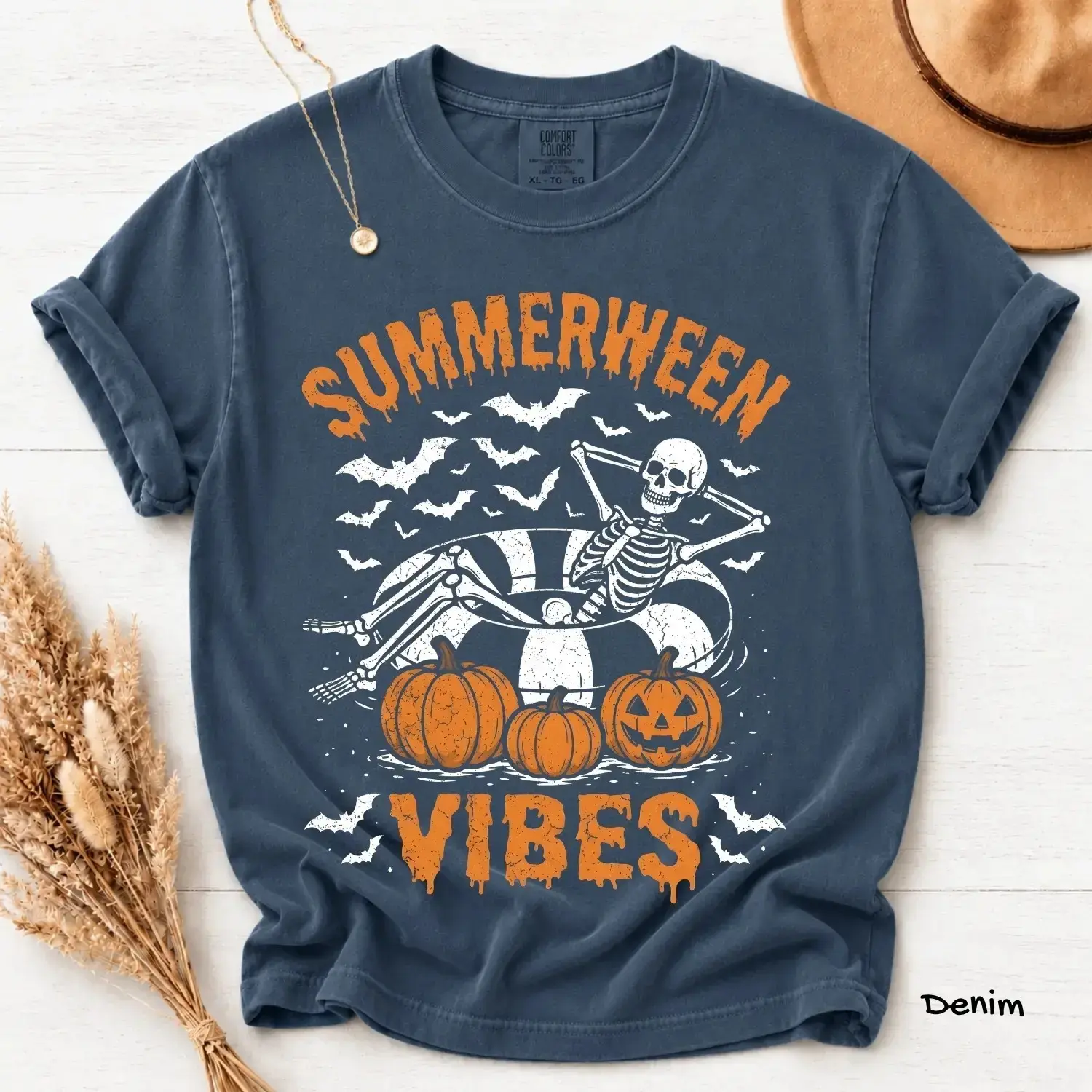 Comfort Colors Summerween Vibes T-Shirt, Skeleton Floaty Pumpkins Bats Spooky Vintage Halloween Tee - photo 5