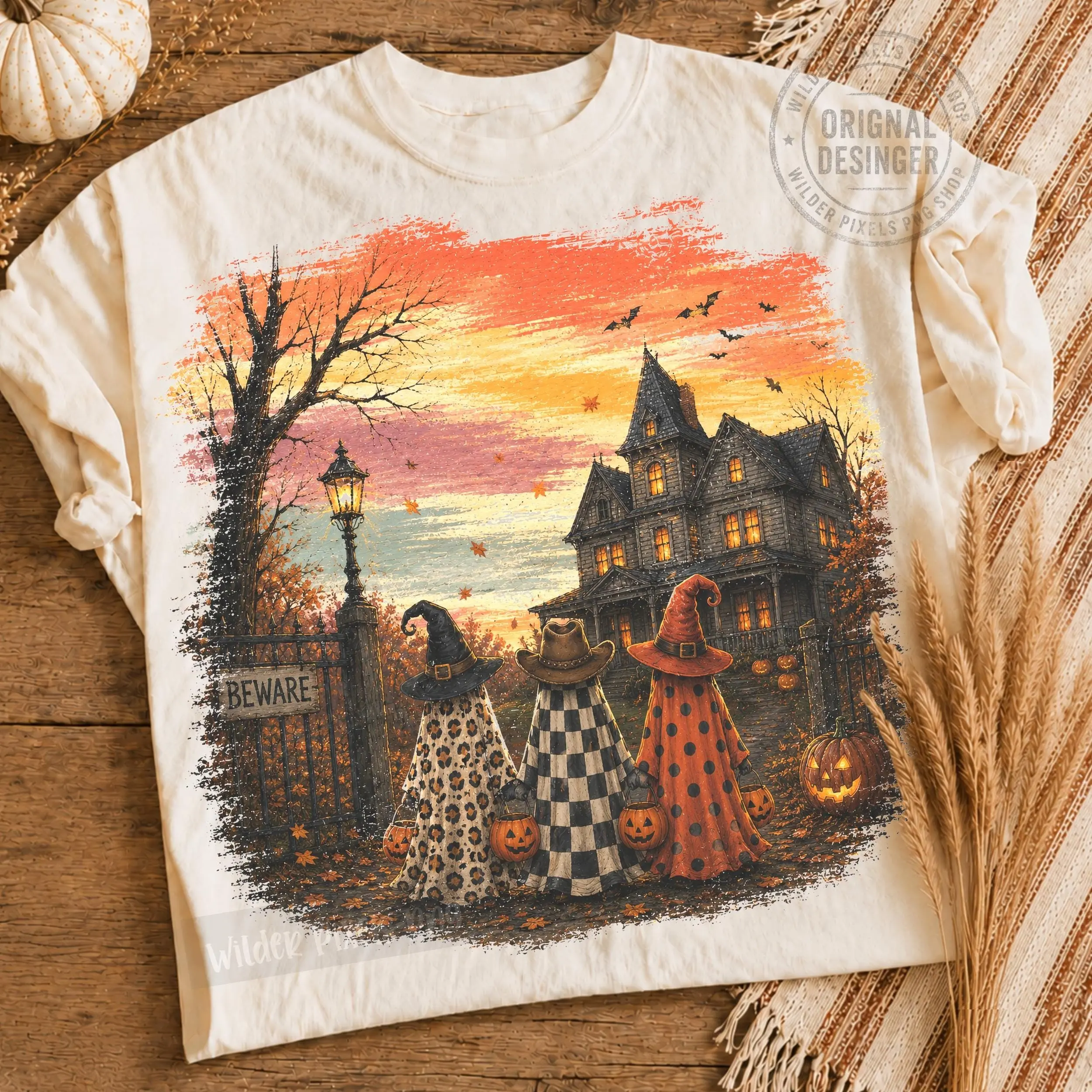 Sunset House Rustic Vintage Ghost Witch Shirt, Pumpkin Stripes Cozy Minimalist Mom Fall Graphic Tee