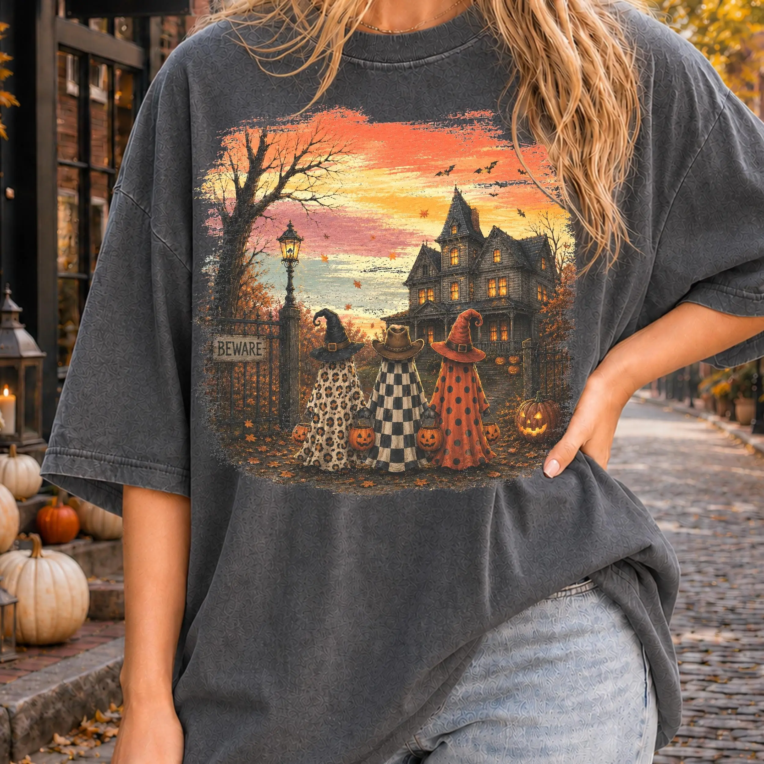 Sunset House Rustic Vintage Ghost Witch Shirt, Pumpkin Stripes Cozy Minimalist Mom Fall Graphic Tee - photo 3