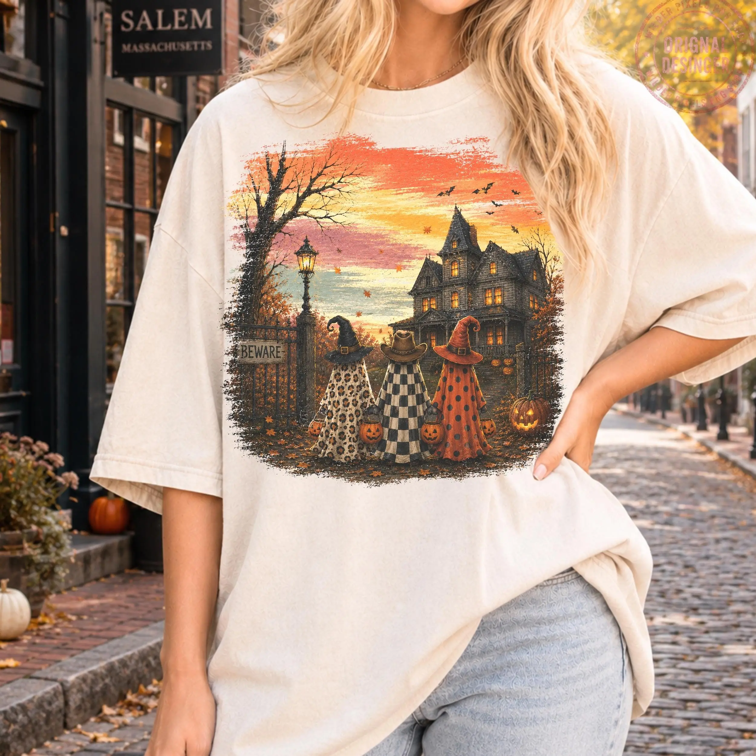 Sunset House Rustic Vintage Ghost Witch Shirt, Pumpkin Stripes Cozy Minimalist Mom Fall Graphic Tee - photo 4