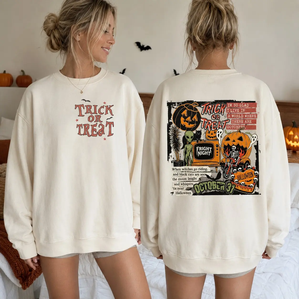 Comfort Colors Retro Trick Or Treat 2-Sided Sweatshirt, Funny Skeleton Pumpkin Ghost Vintage Halloween Crewneck - photo 2