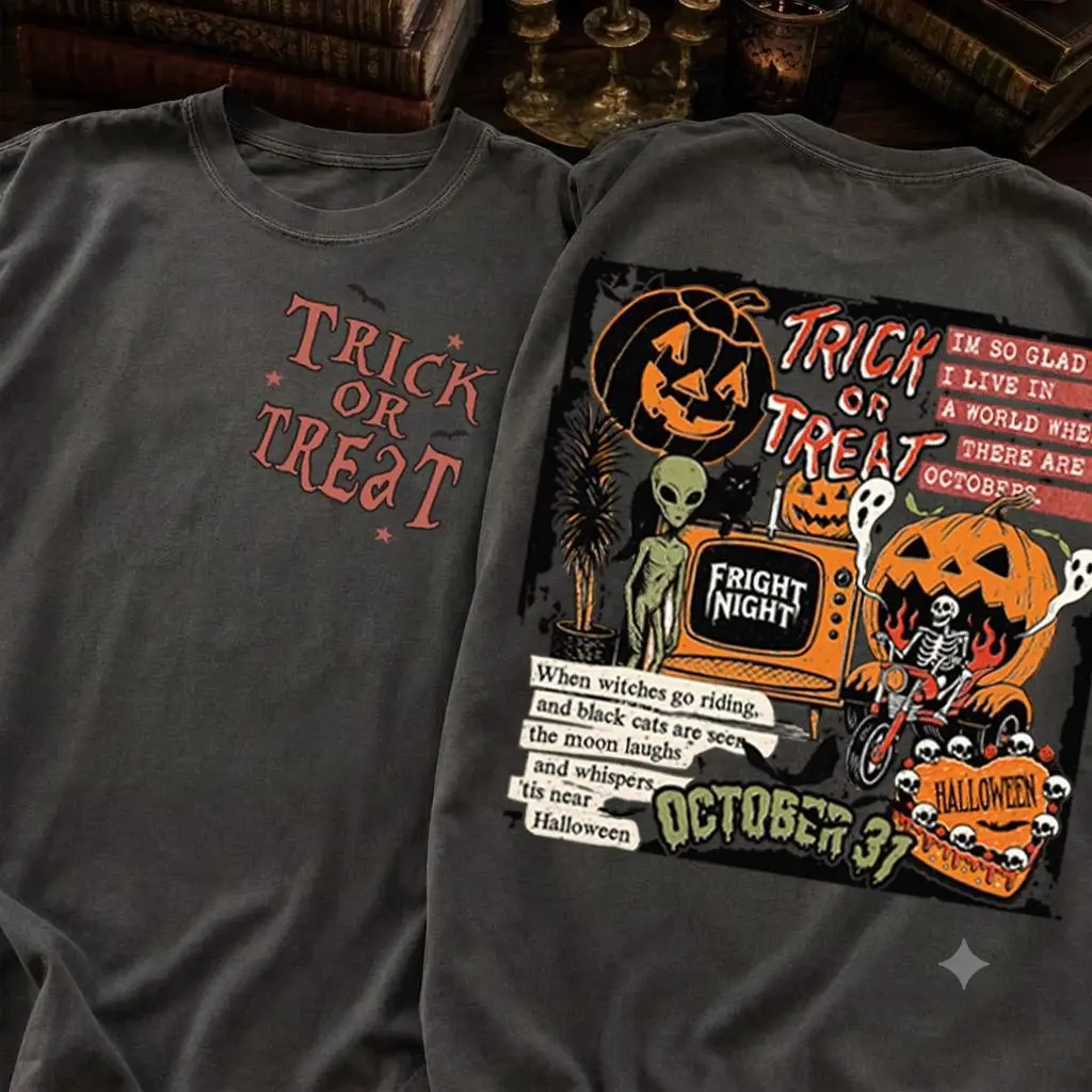 Comfort Colors Retro Trick Or Treat 2-Sided Sweatshirt, Funny Skeleton Pumpkin Ghost Vintage Halloween Crewneck - photo 4