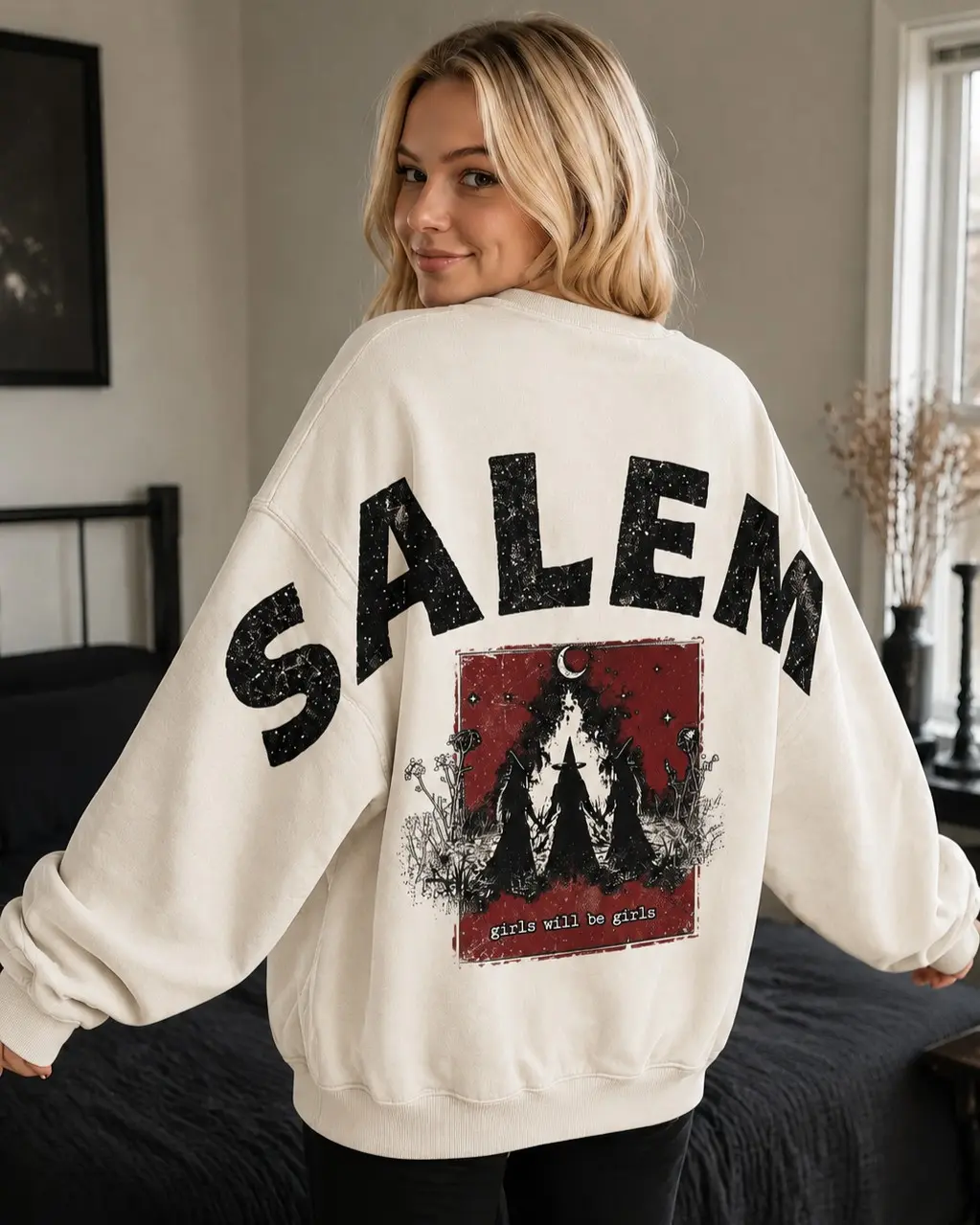 Girls Trip Salem Massachusetts Halloween Sweatshirt, Shoulder-To-Shoulder Spooky Weekend Gift - photo 4