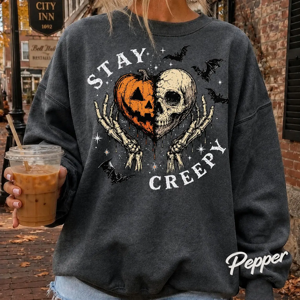 Stay Creepy Halloween Skeleton Sweatshirt, Cute Pumpkin Skull Bone Heart Funny Spooky Season Crewneck - photo 1