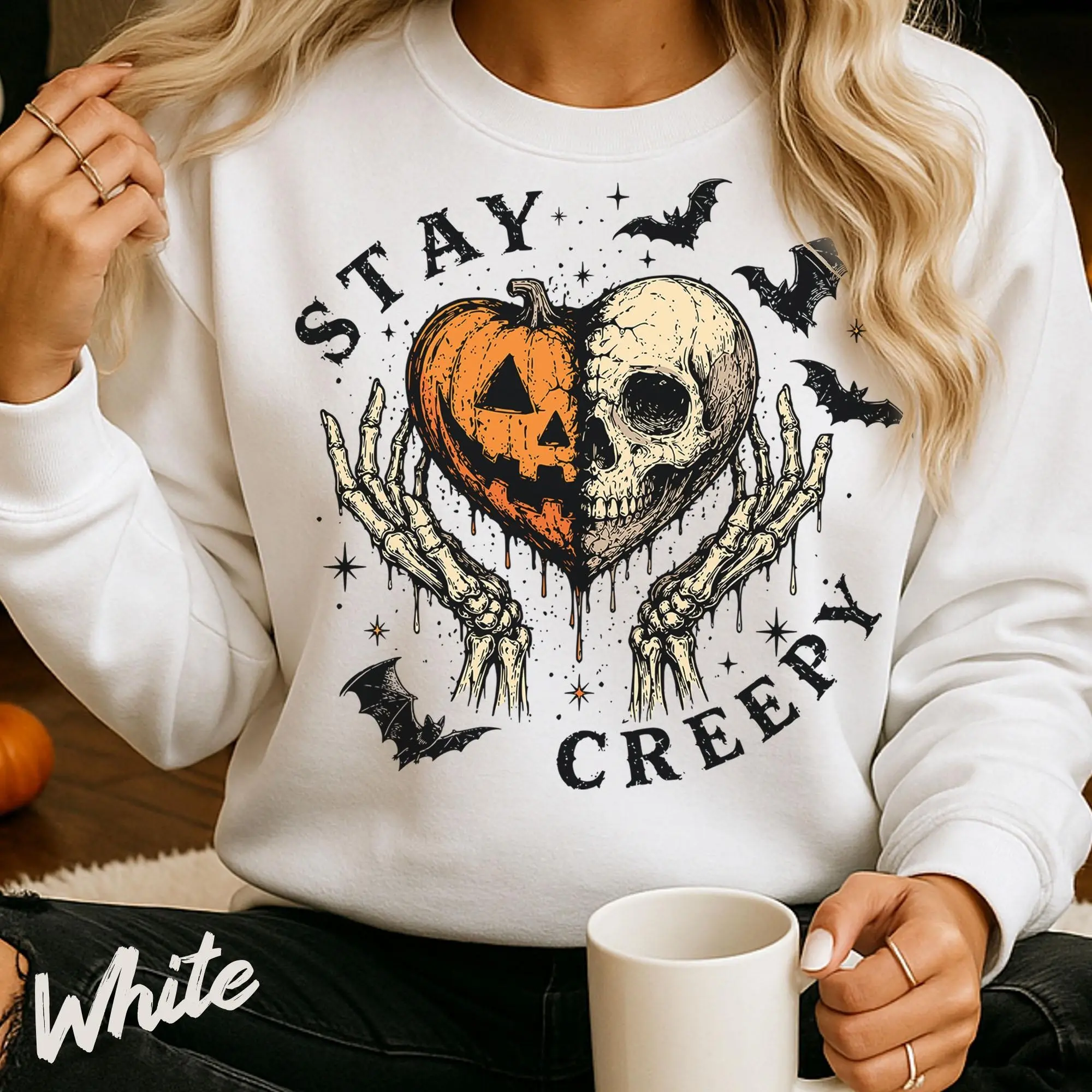 Stay Creepy Halloween Skeleton Sweatshirt, Cute Pumpkin Skull Bone Heart Funny Spooky Season Crewneck - photo 2