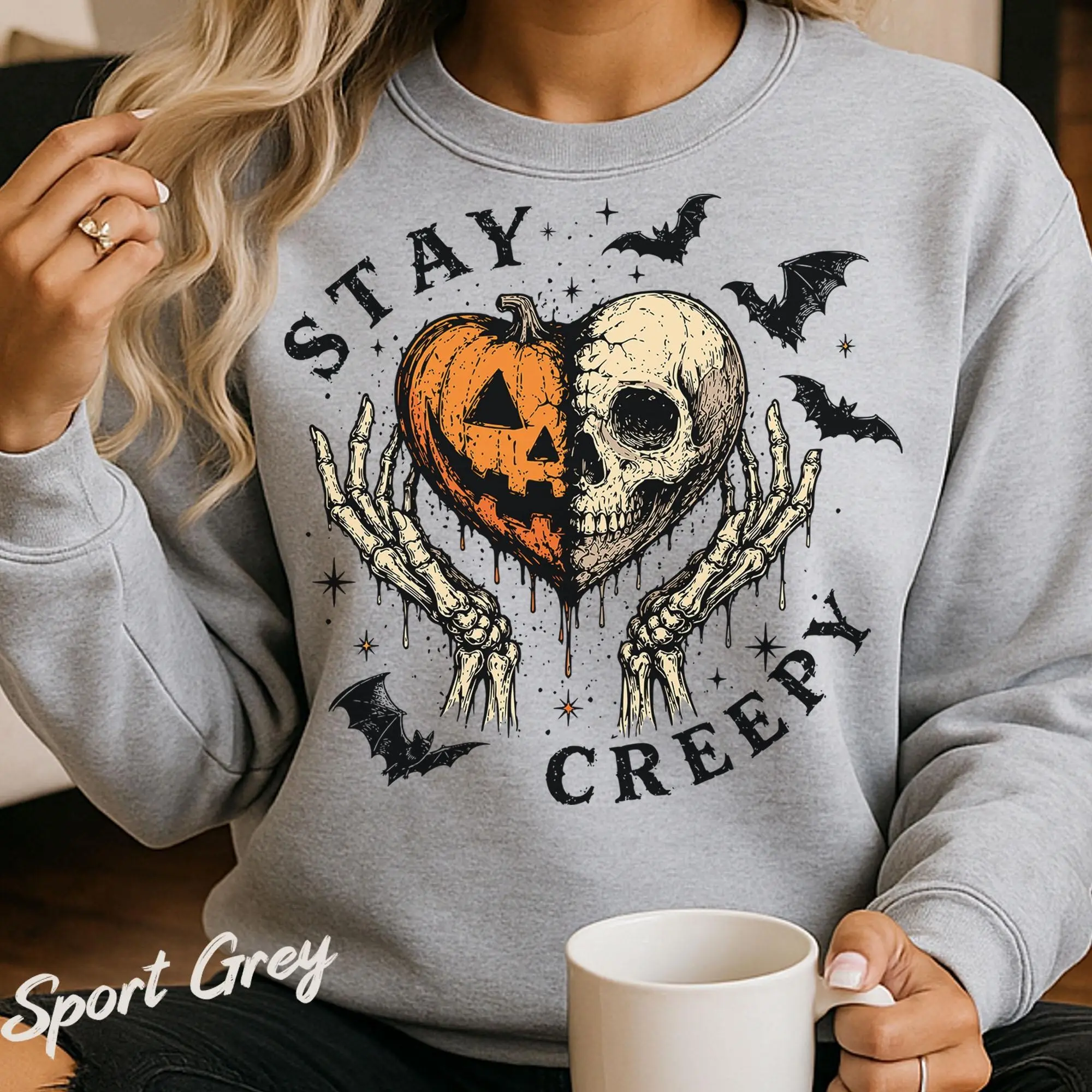 Stay Creepy Halloween Skeleton Sweatshirt, Cute Pumpkin Skull Bone Heart Funny Spooky Season Crewneck - photo 3